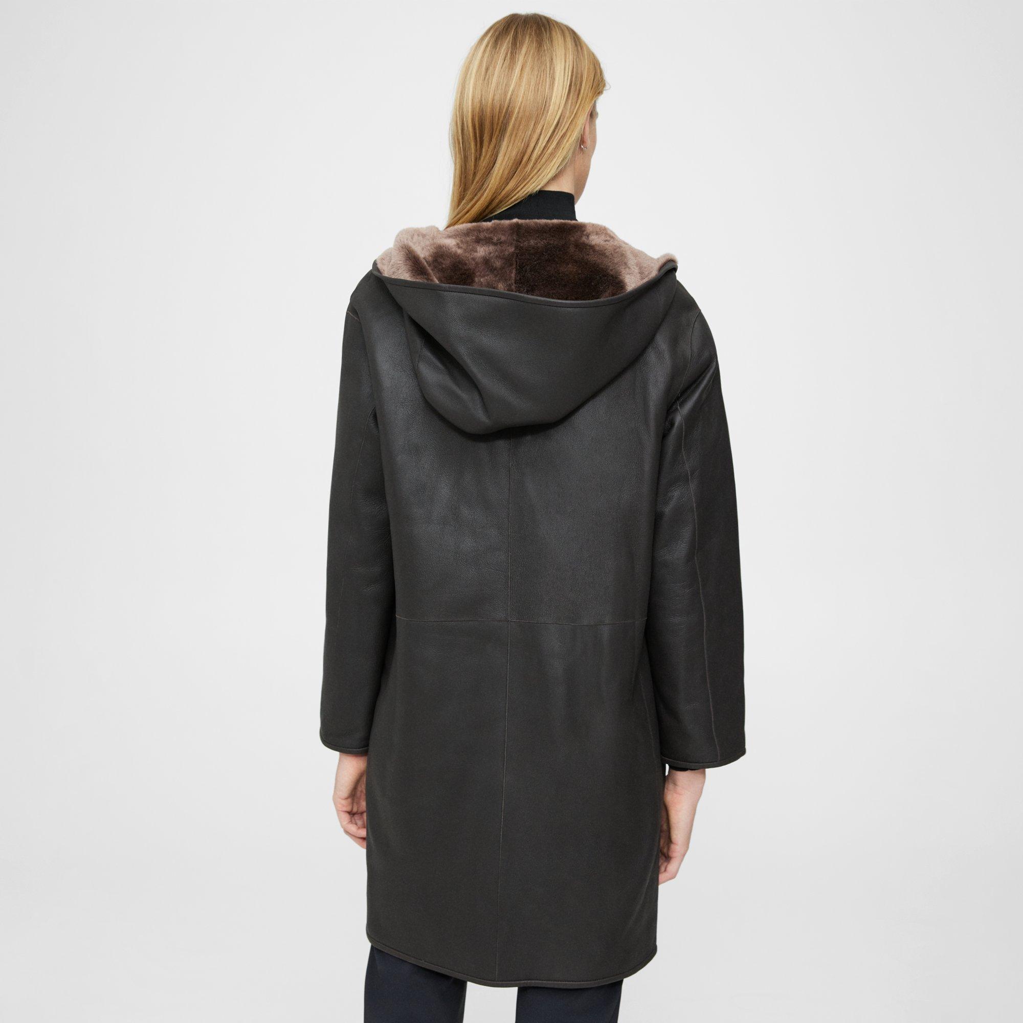 Brown Shearling Reversible Hooded Coat Theory