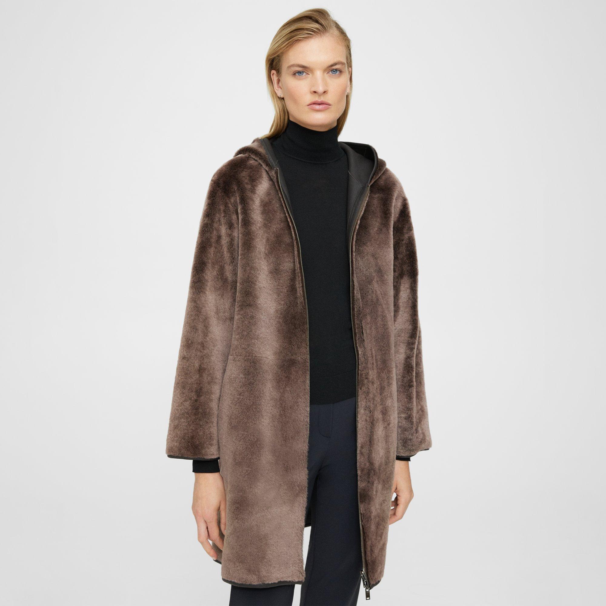 Reversible Hooded Coat in Shearling