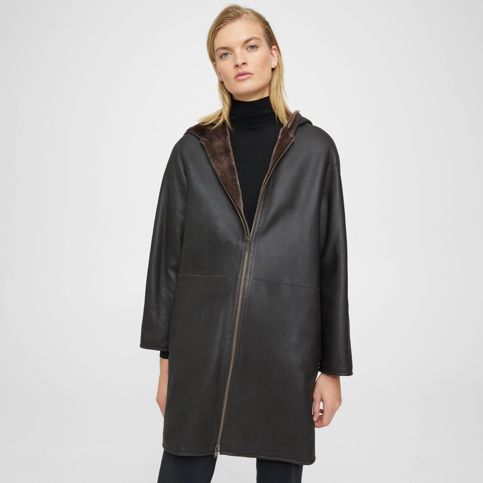 Brown Shearling Reversible Hooded Coat | Theory