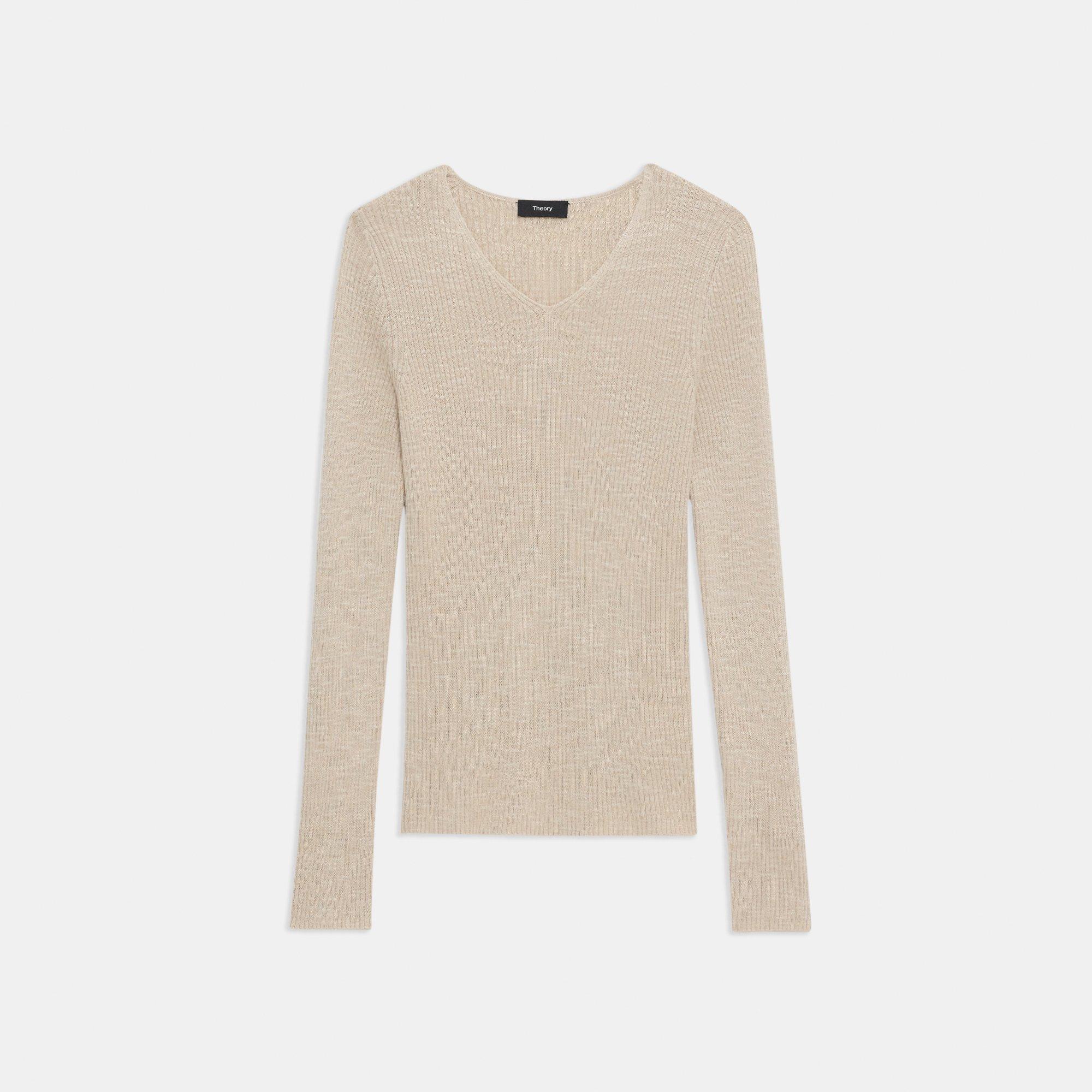 Beige Slub Cotton Blend Rib Knit V-Neck Sweater | Theory