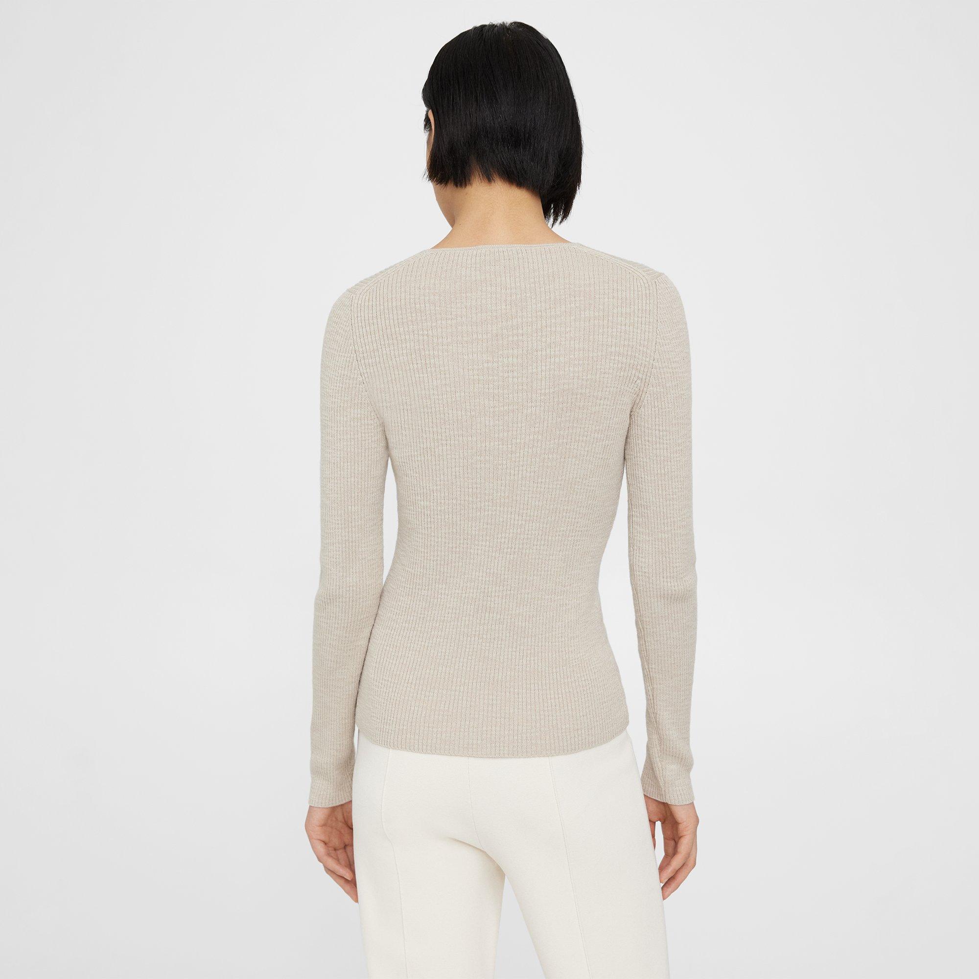 Beige Slub Cotton Blend Rib Knit V-Neck Sweater | Theory