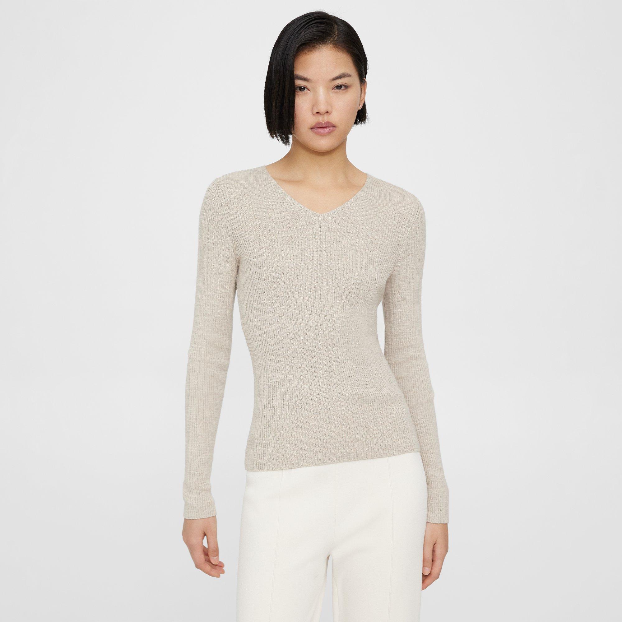 Beige Slub Cotton Blend Rib Knit V-Neck Sweater | Theory