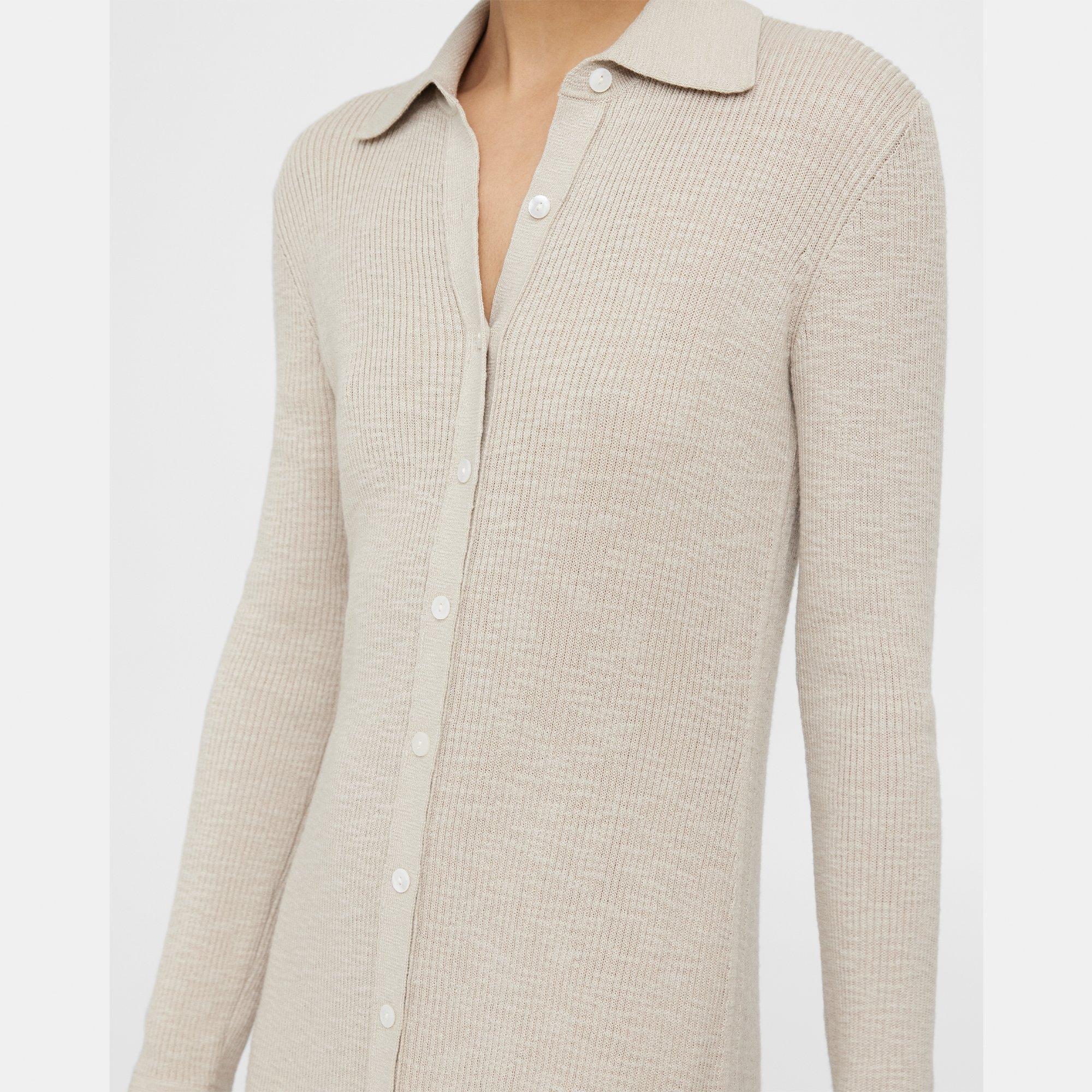 Beige Slub Cotton Blend Rib Knit Shirt Dress | Theory