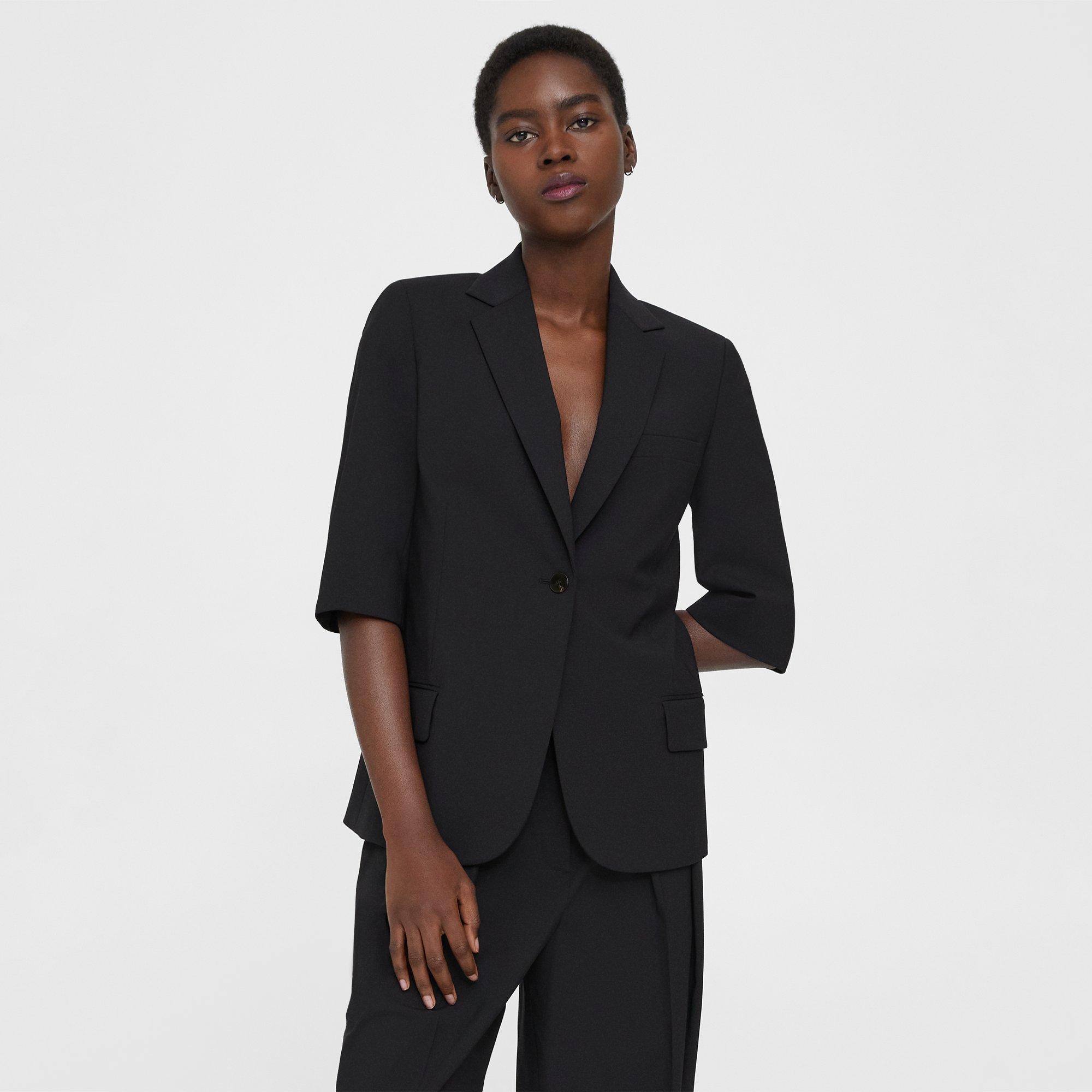 Black Stretch Wool Short-Sleeve Blazer | Theory