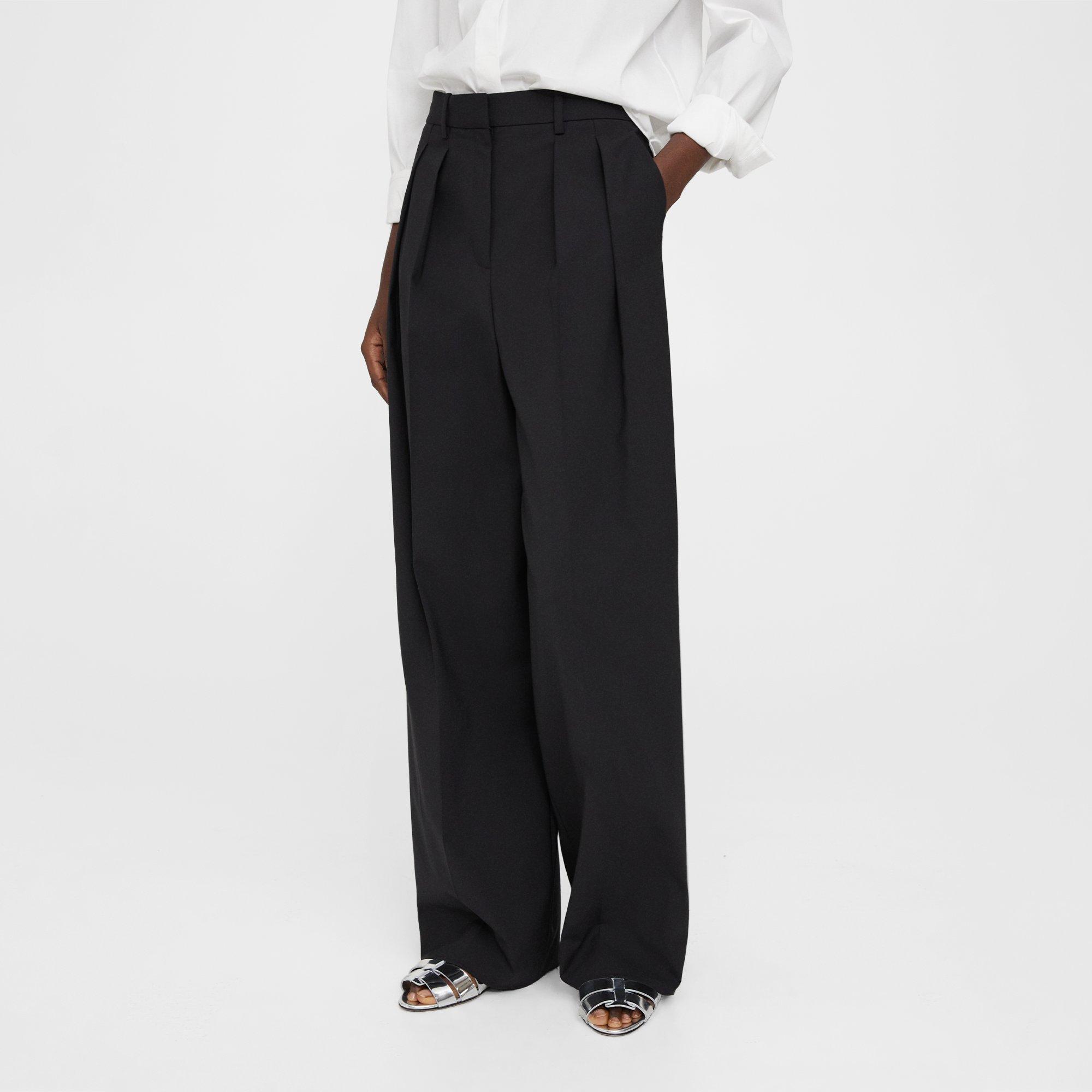 Black Stretch Wool Pleated Wide-Leg Pant | Theory