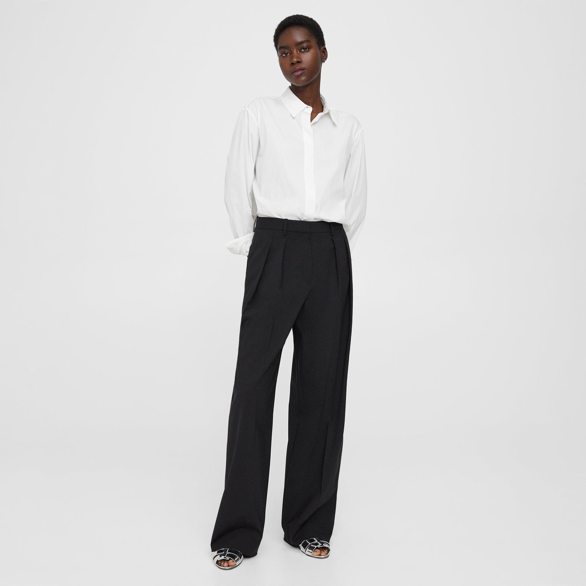Black Stretch Wool Pleated Wide-Leg Pant | Theory