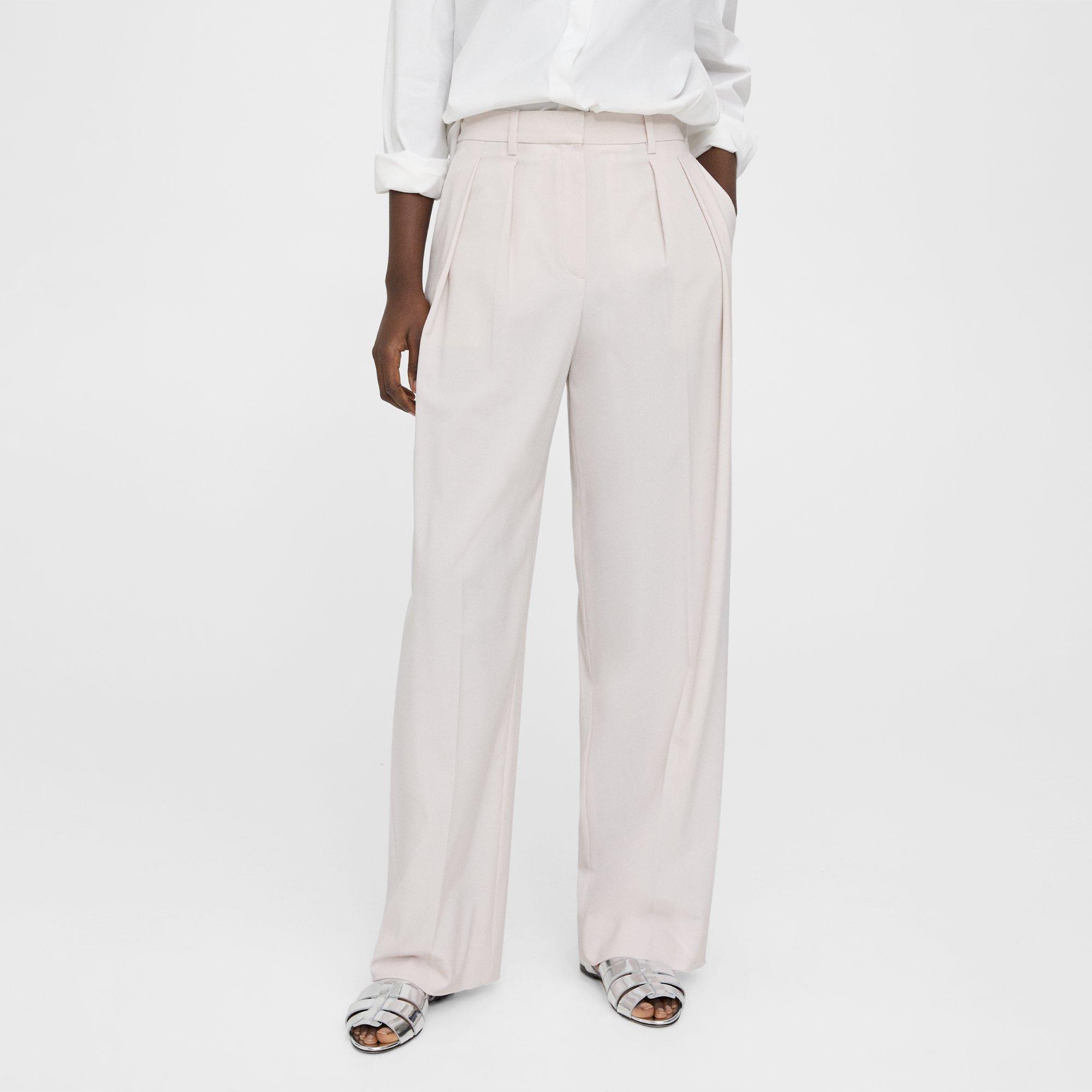 Beige Stretch Wool Pleated Wide-Leg Pant | Theory