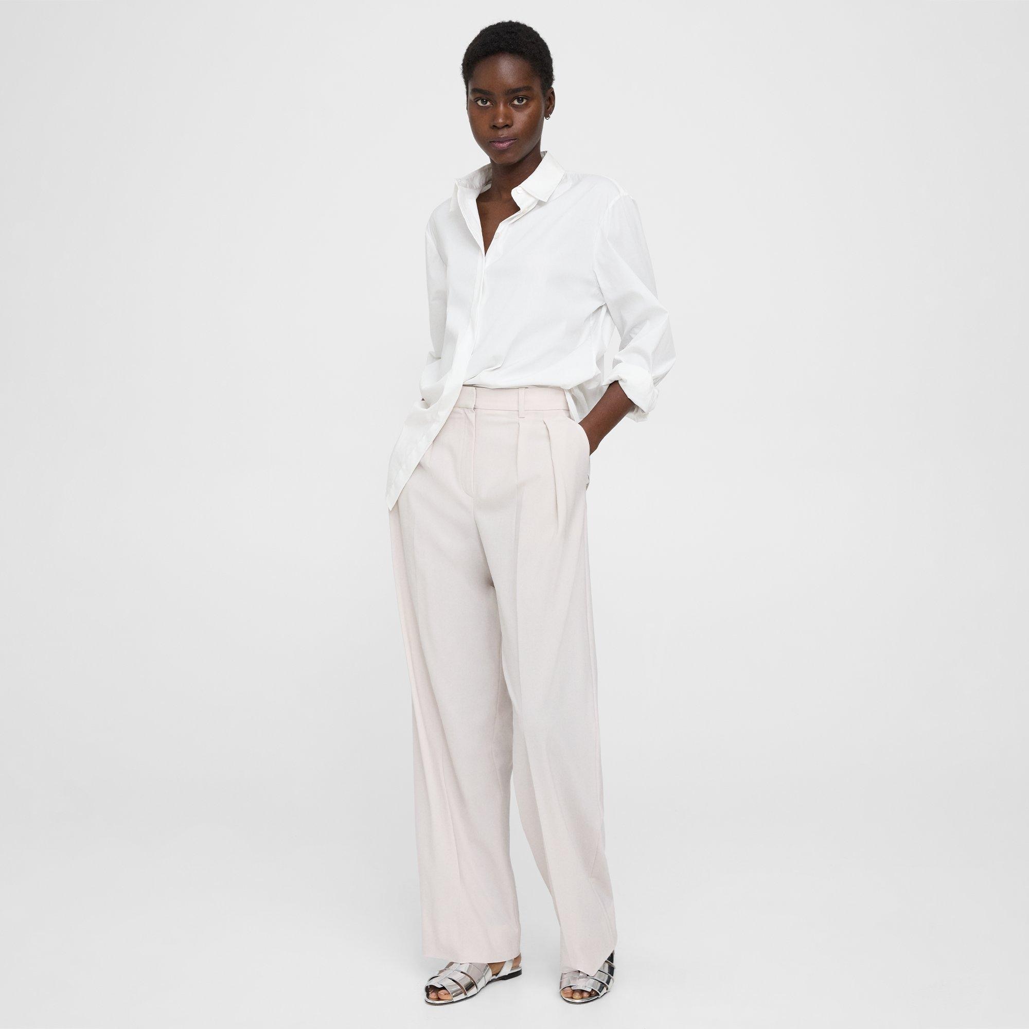 Beige Stretch Wool Pleated Wide-Leg Pant | Theory