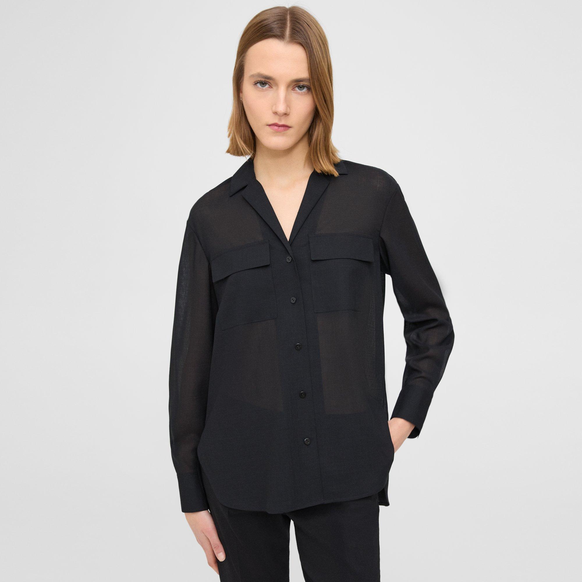 Black Cotton Oversized Patch Pocket Shirt | Theory