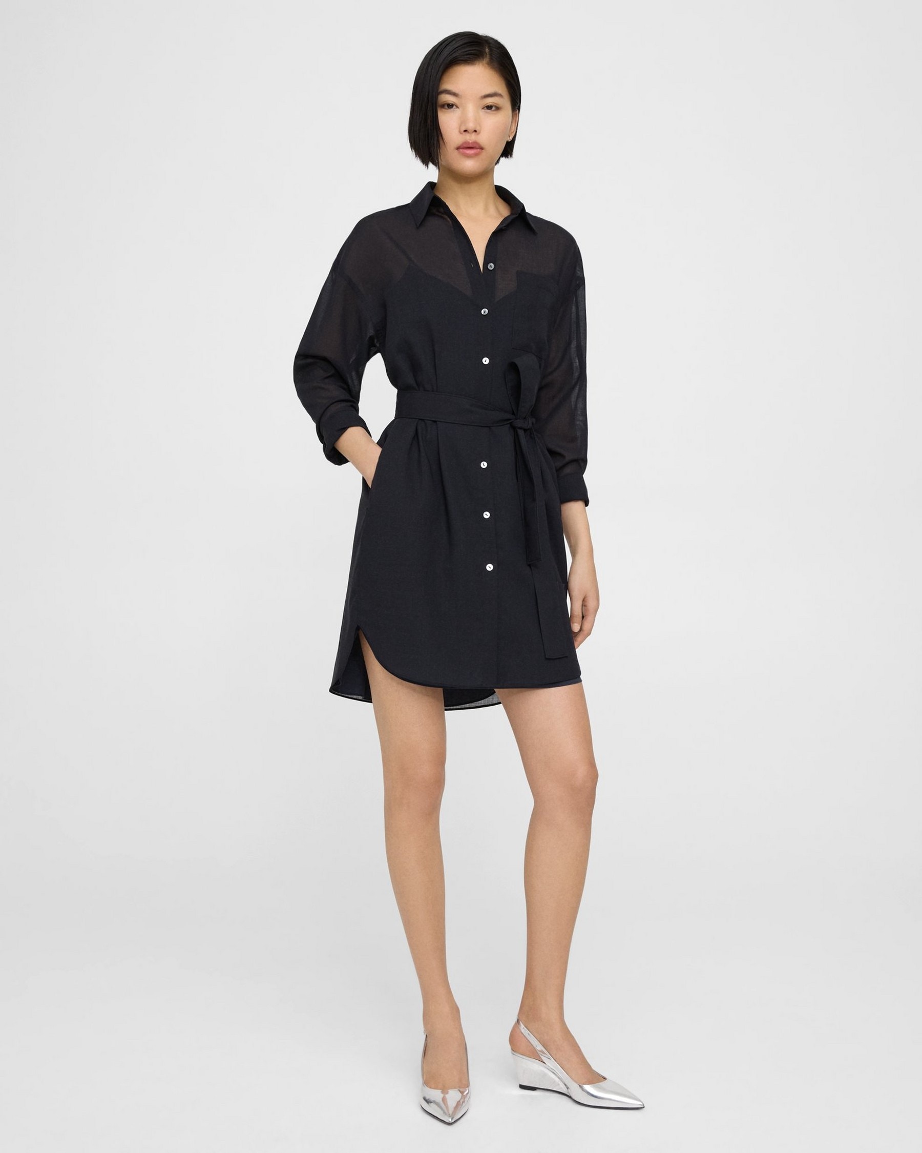 Belted Shirt Dress in Wool-Poly