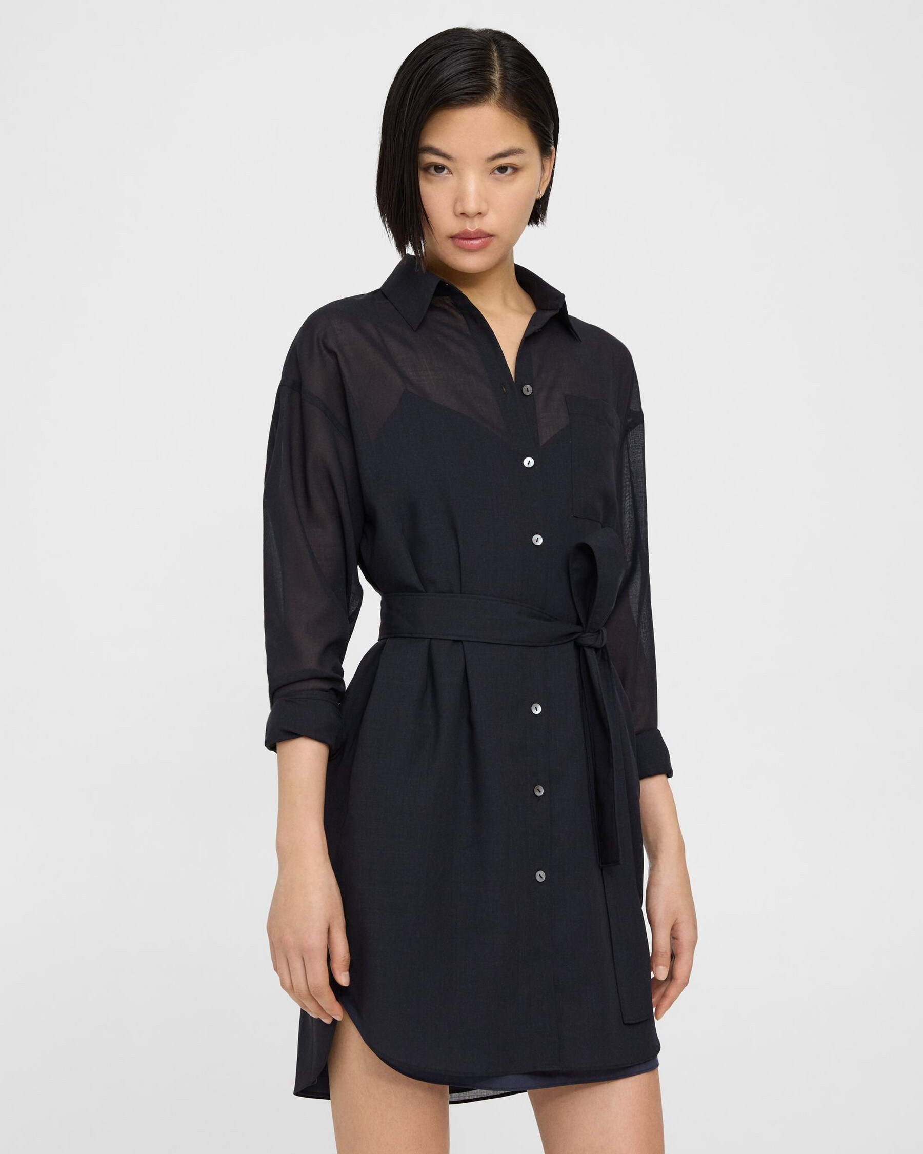 Belted Shirt Dress in Wool-Poly