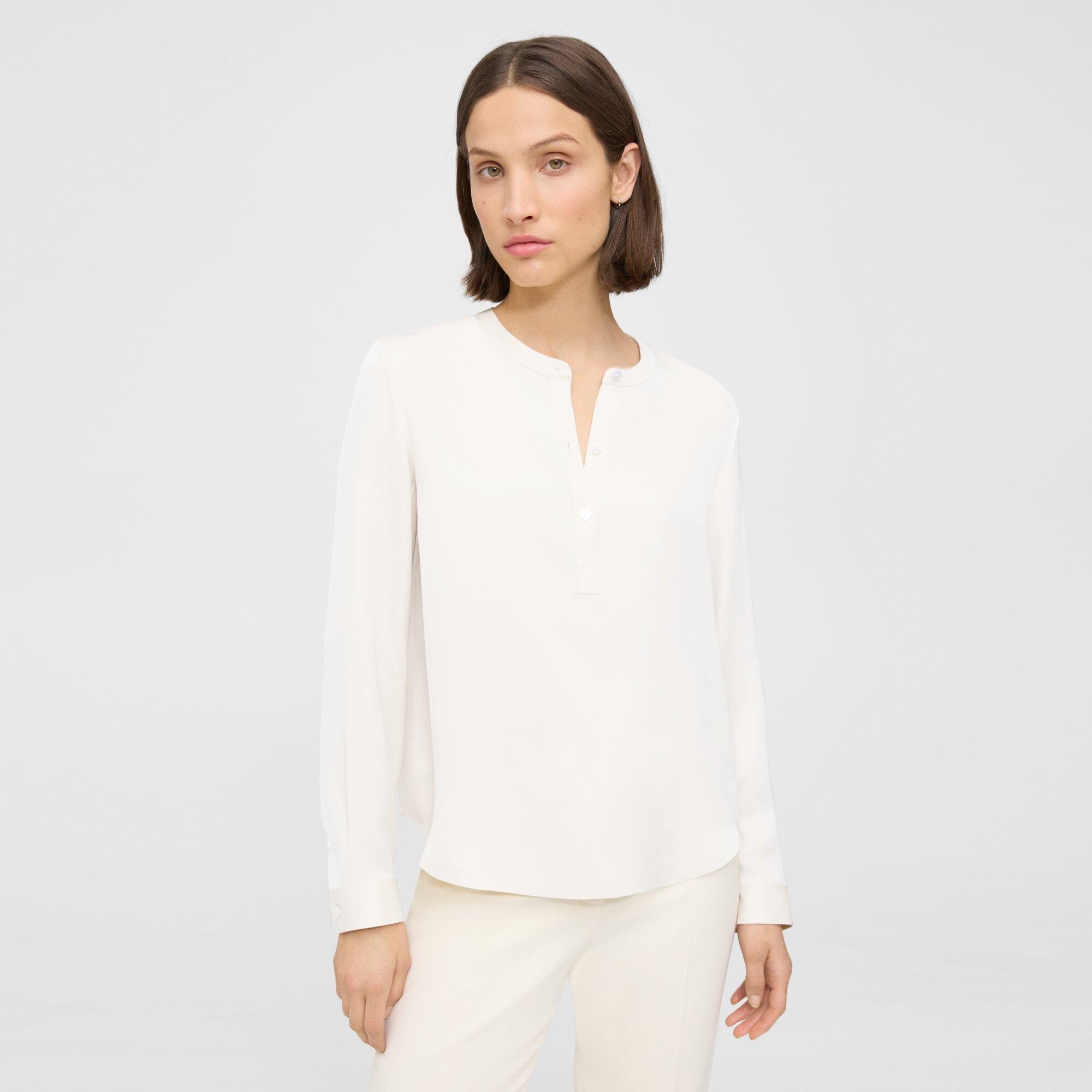 White Silk Georgette Henley Blouse | Theory