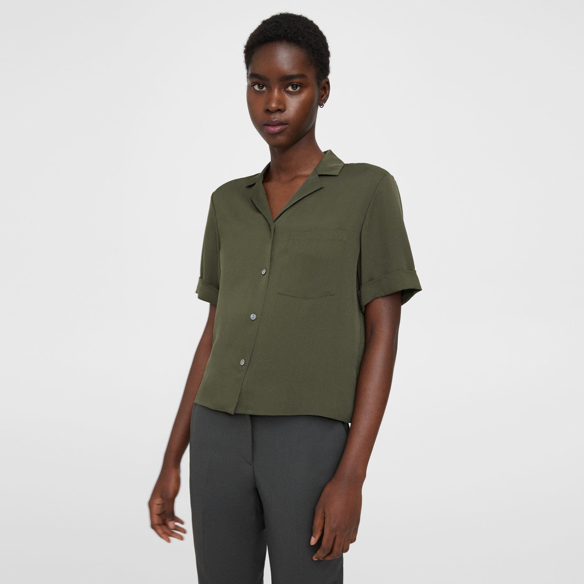 forfader Kurve Inspiration Green Silk Georgette Camp Shirt | Theory