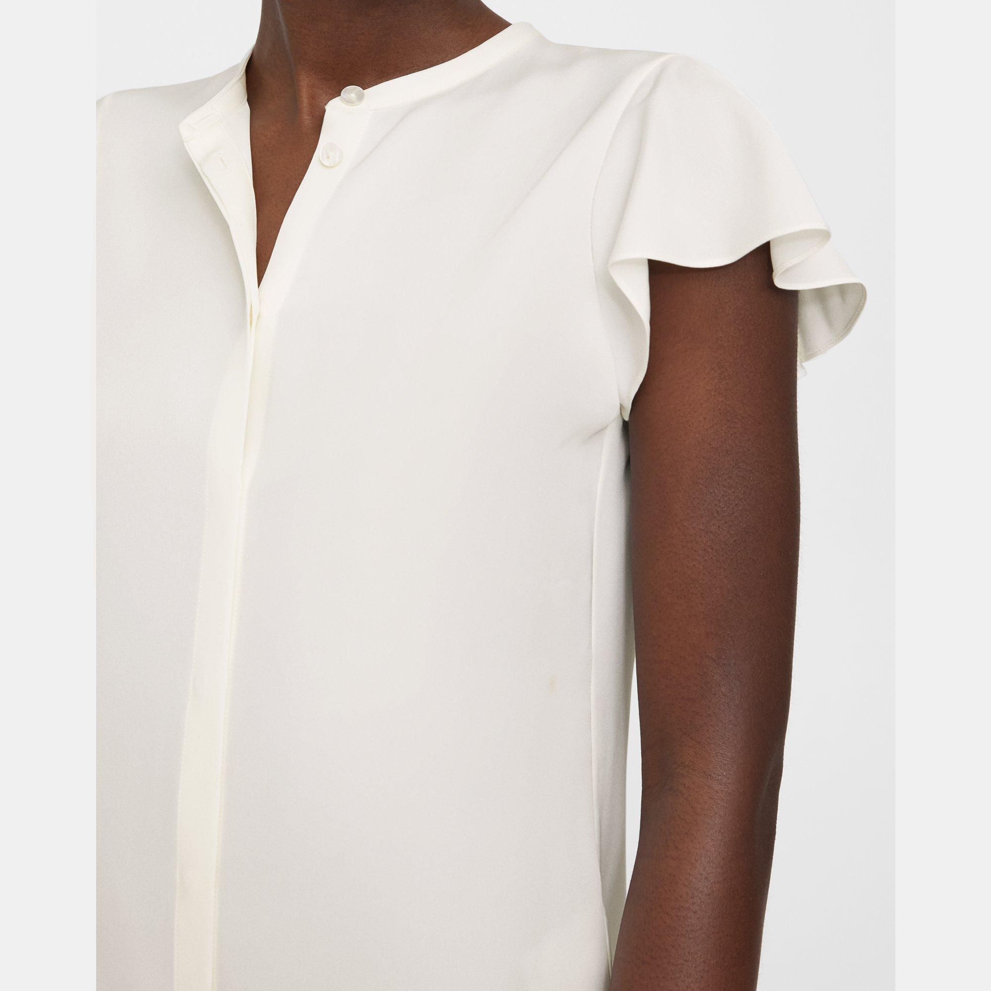 White Silk Georgette Ruffle Sleeve Top | Theory