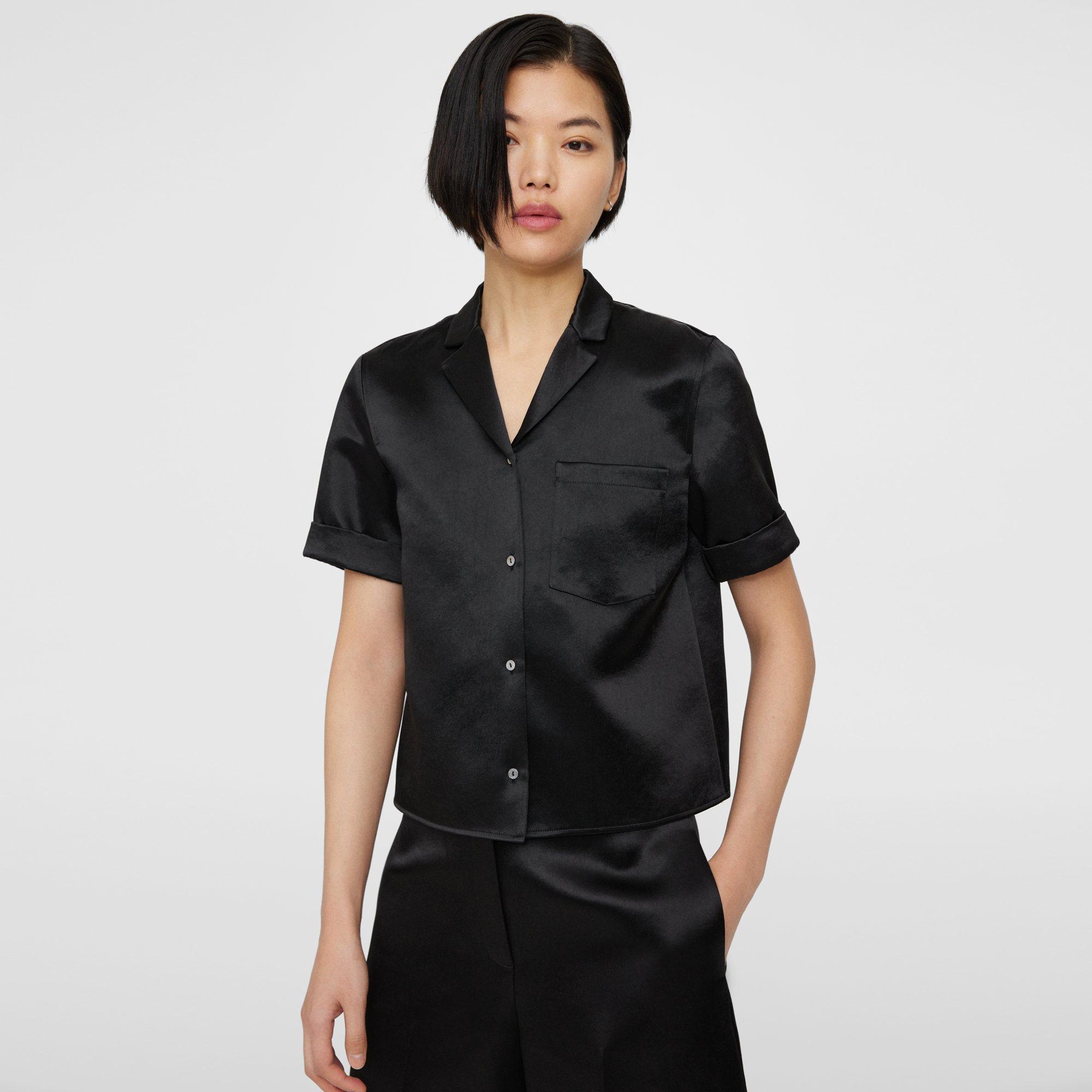 Black Bonded Satin Camp Shirt | Theory