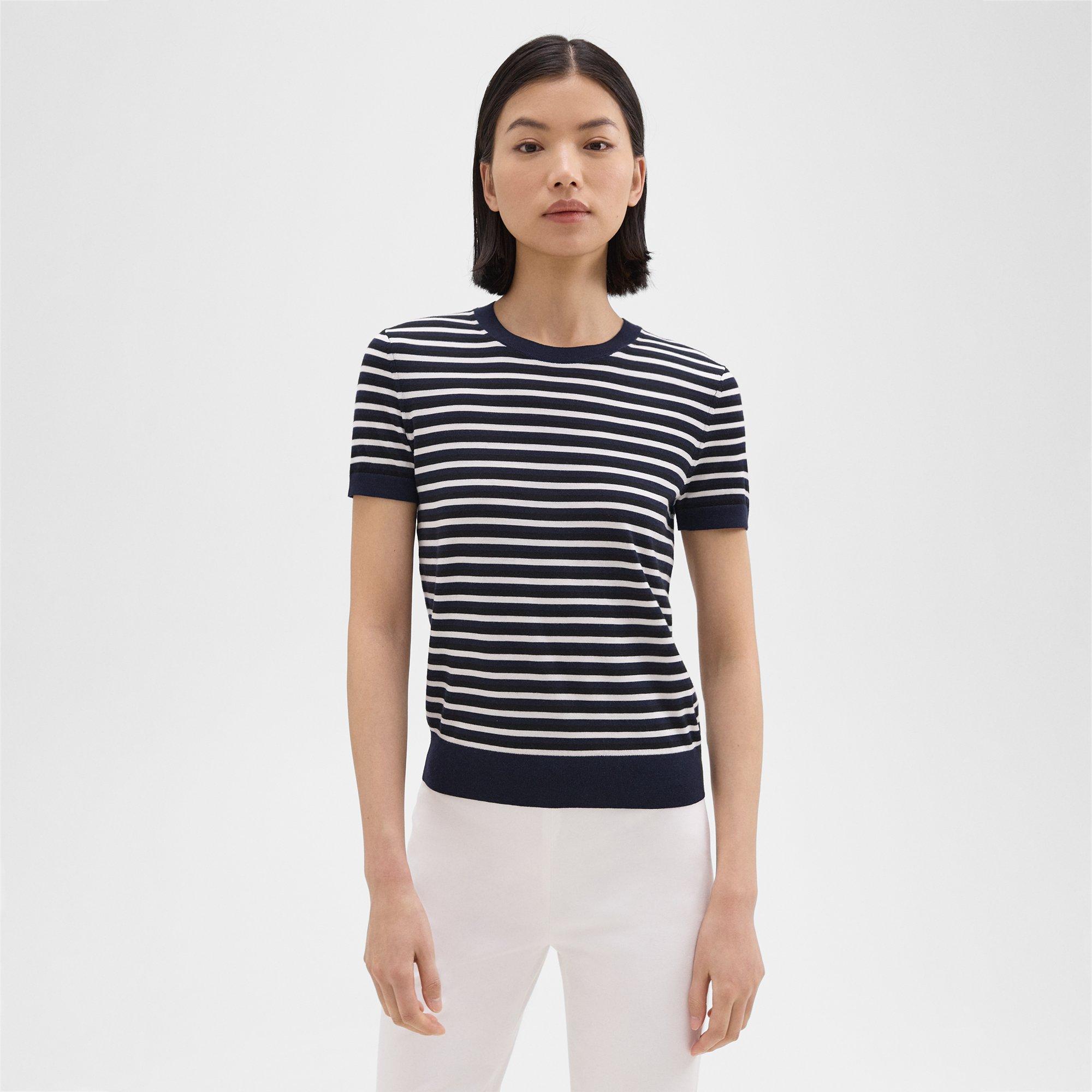 띠어리 Theory Striped Short-Sleeve Sweater in Regal Wool,BLACK MULTI