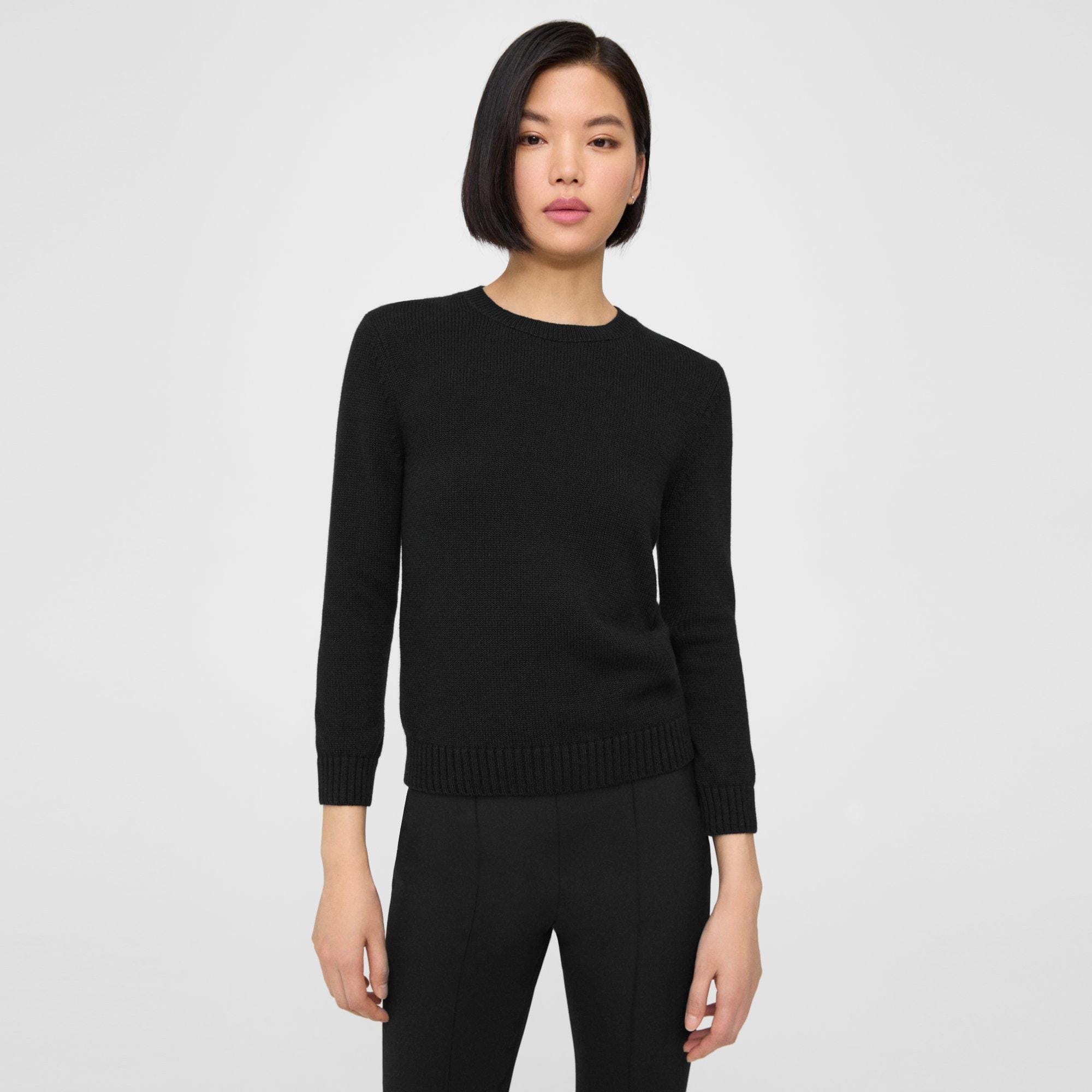 Black Cotton-Cashmere Shrunken Crewneck Sweater | Theory