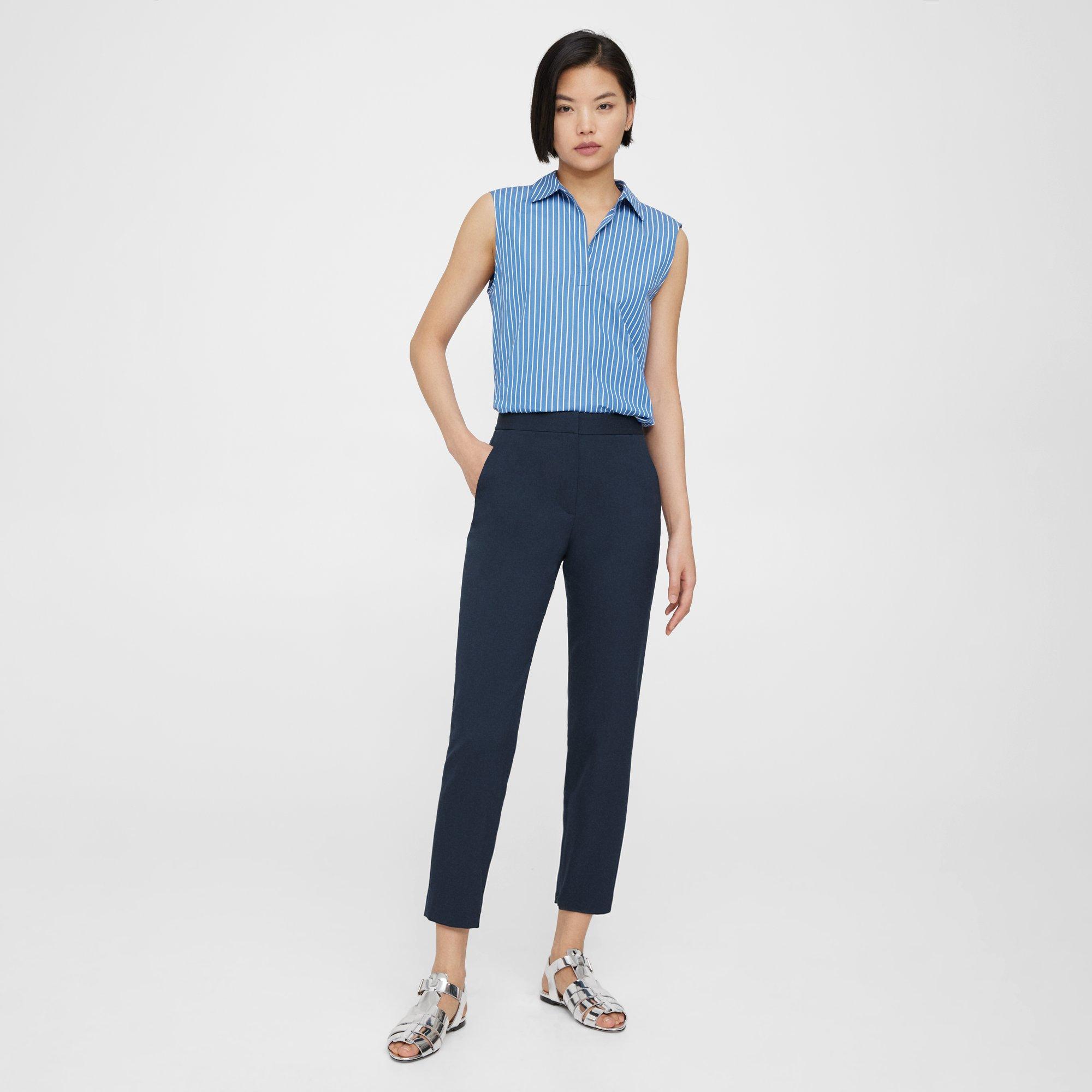 Blue Textured Gabardine Fitted Pant | Theory