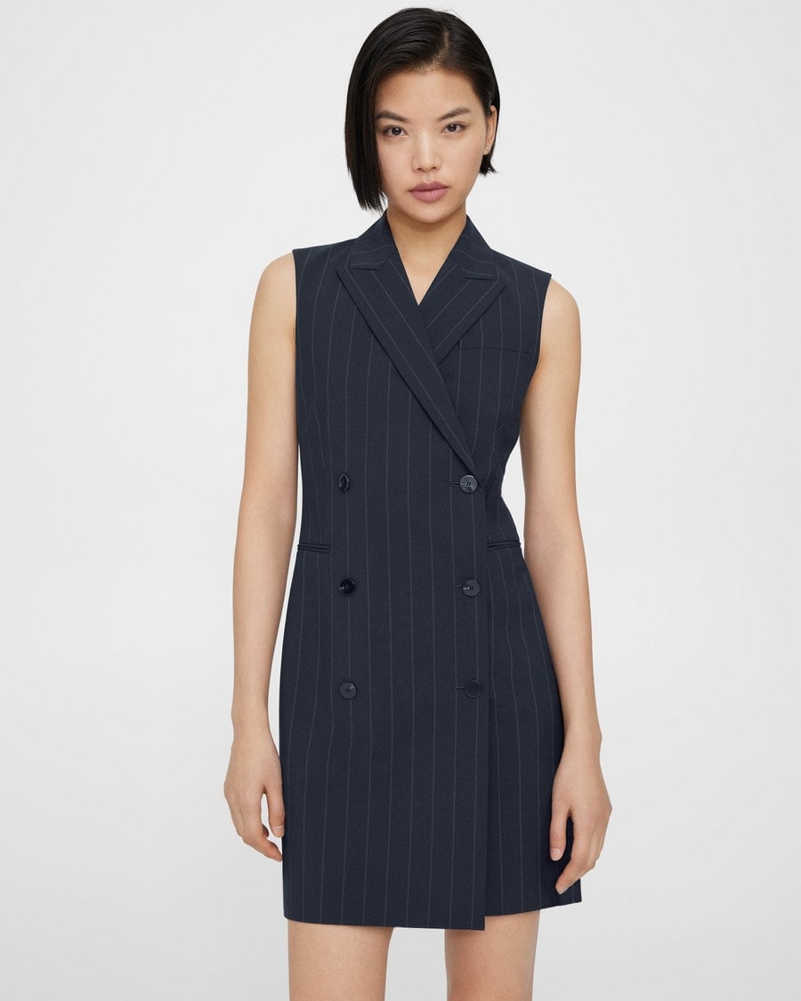 Double-Breasted Blazer Dress in Striped Stretch Wool