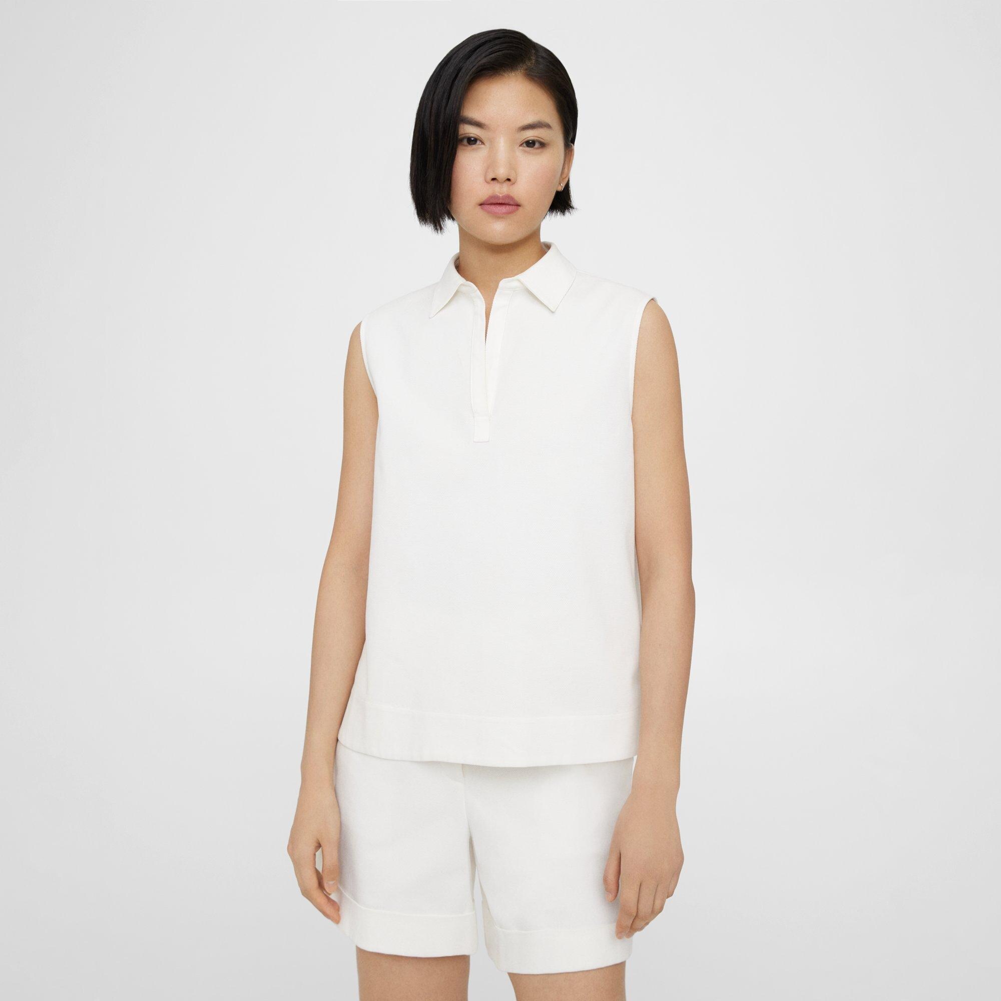 Cotton Piqué Sleeveless Polo Shell Top | Theory