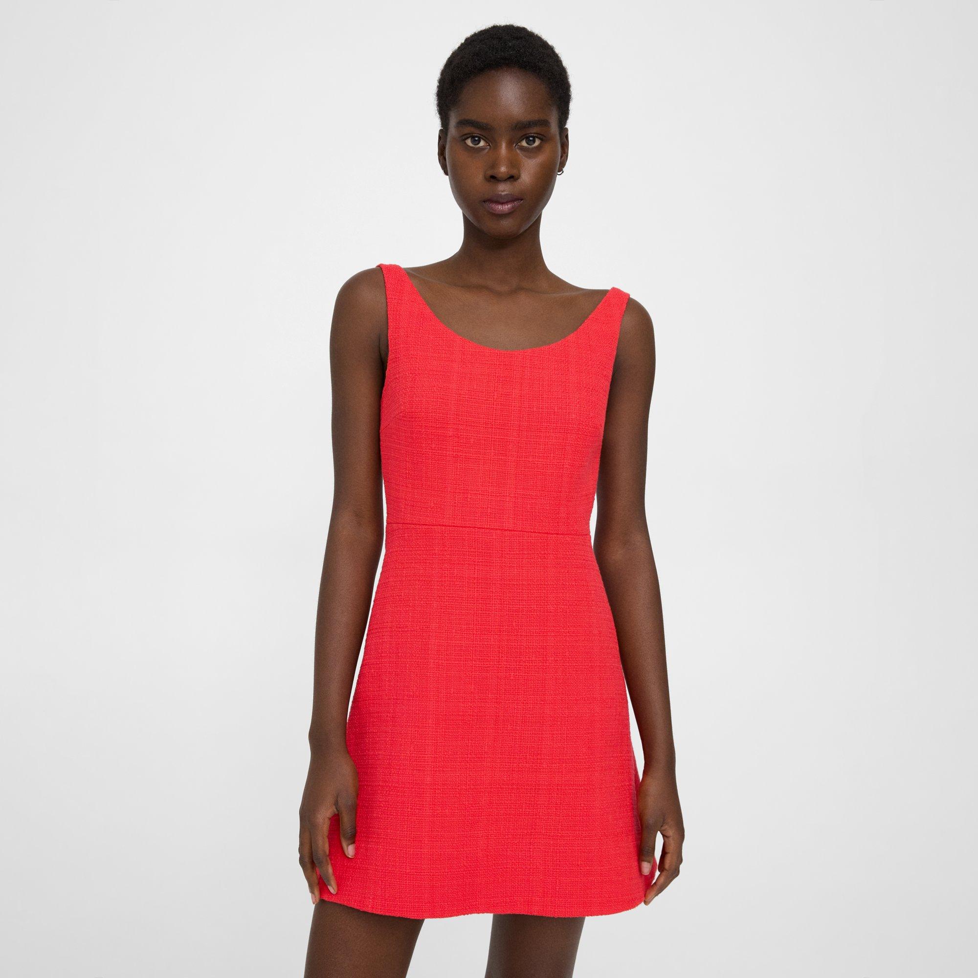 Red Cotton Tweed Ballerina Neckline Mini Dress | Theory