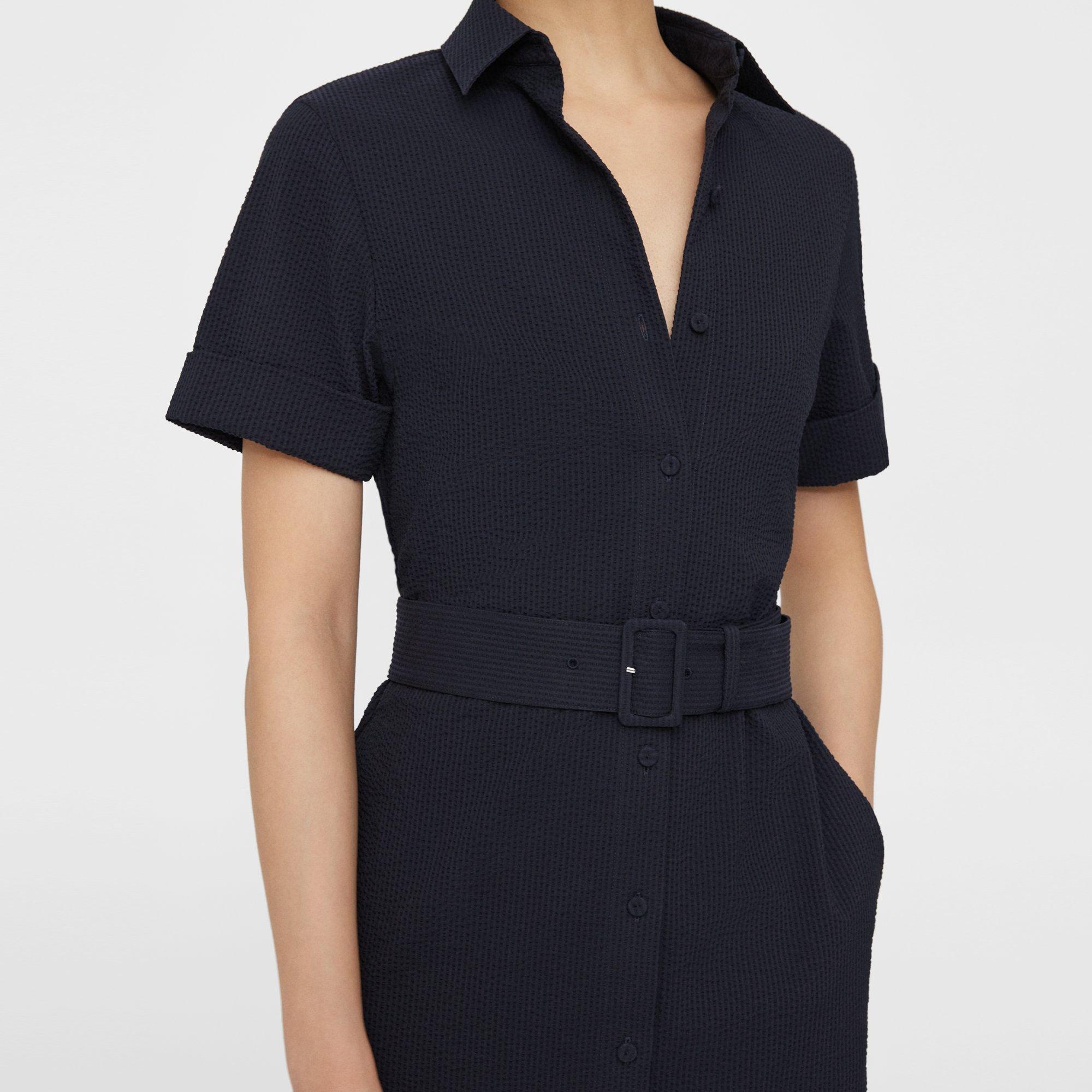 Belted Shirt Dress in Seersucker