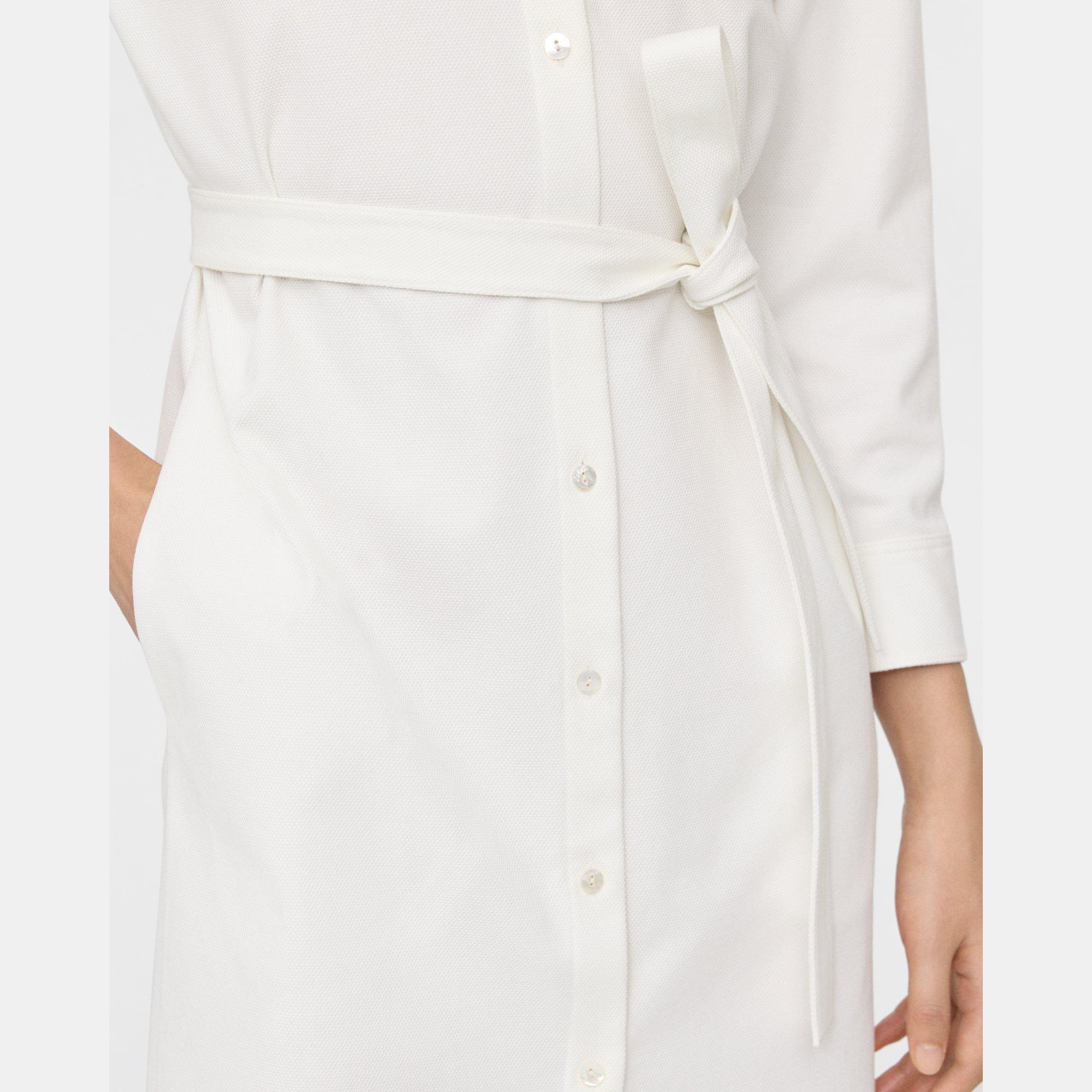 Tie-Waist Shirt Dress in Cotton Piqué