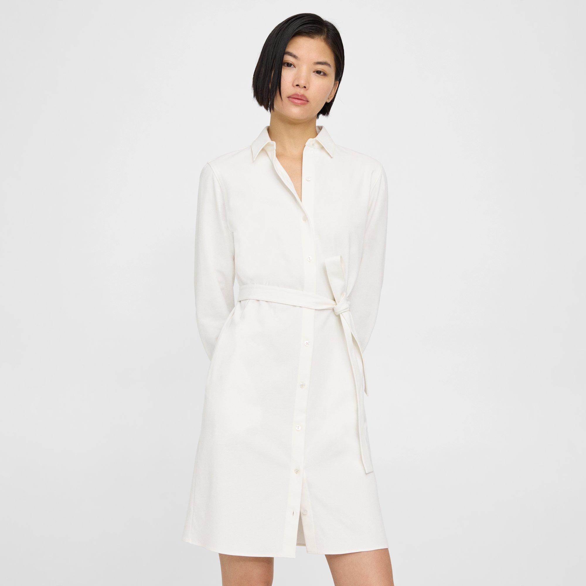 Tie-Waist Shirt Dress in Cotton Piqué