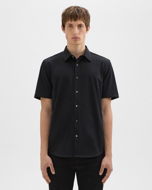 띠어리 셔츠 Theory Irving Short-Sleeve Shirt in Structured Knit,BLACK