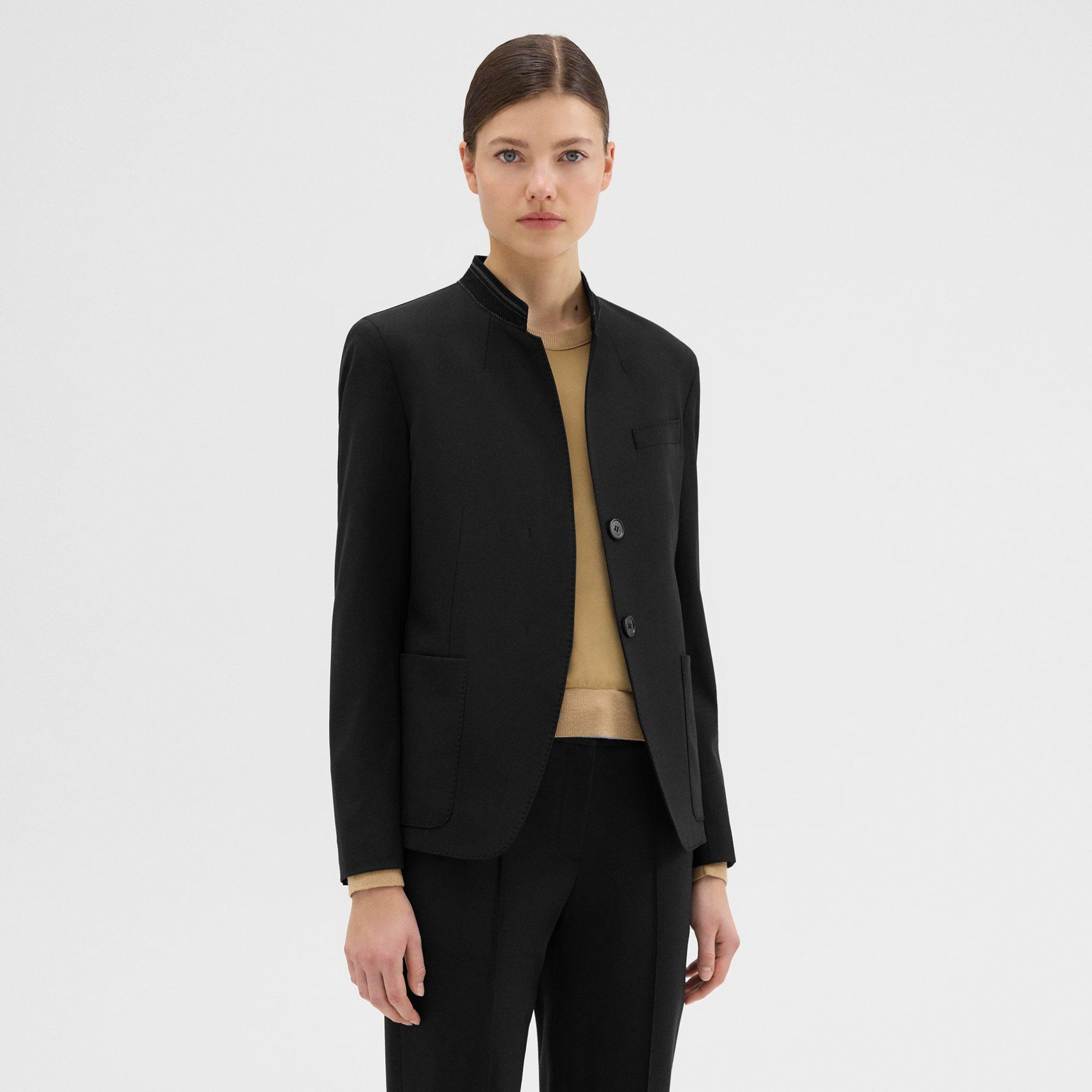 Wool Gabardine Stand-Collar Blazer