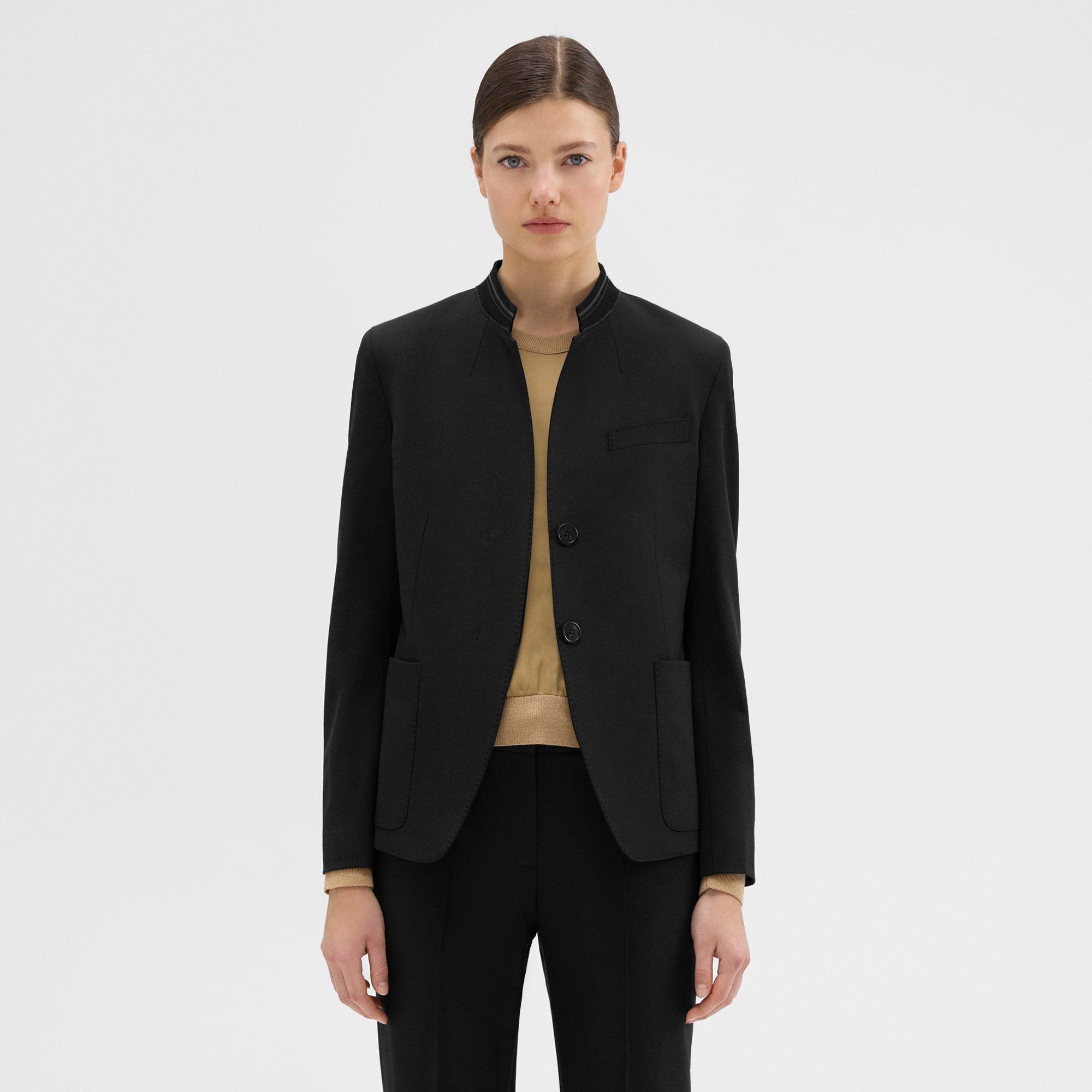 Wool Gabardine Stand-Collar Blazer