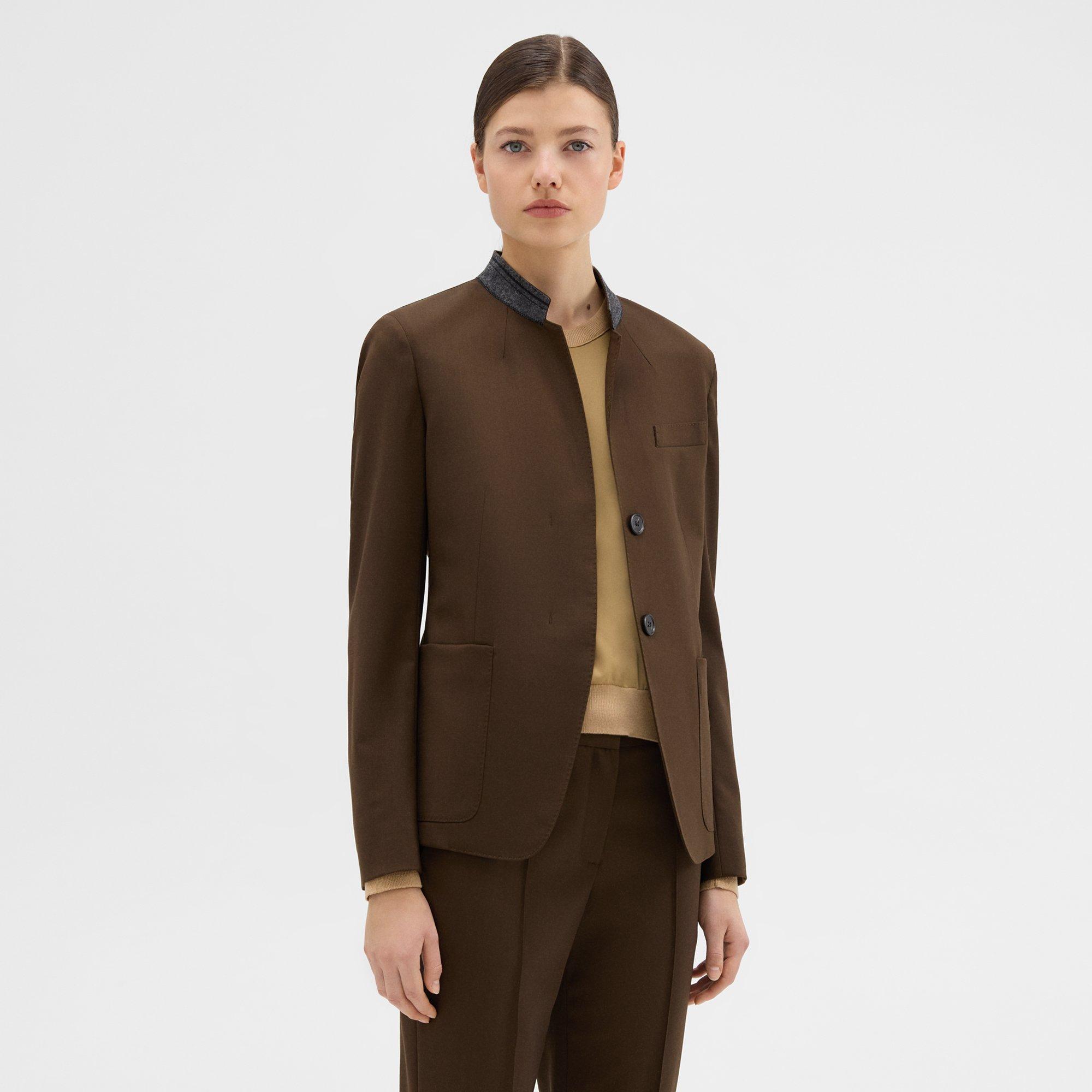 Wool Gabardine Stand-Collar Blazer