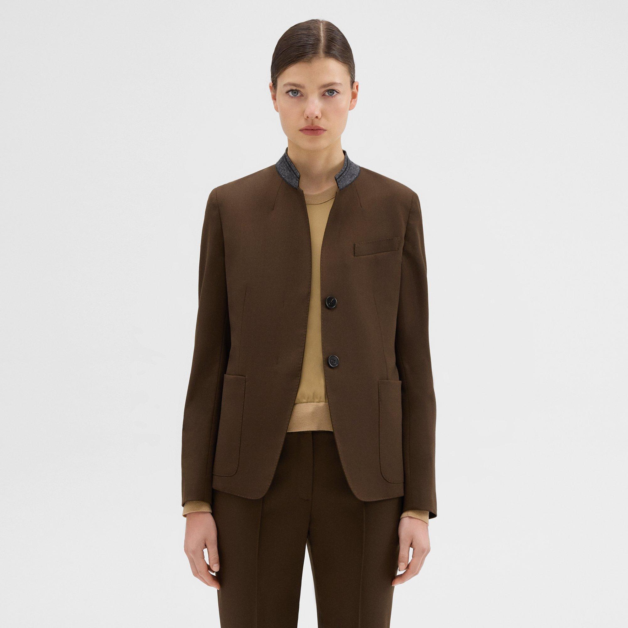 Wool Gabardine Stand-Collar Blazer