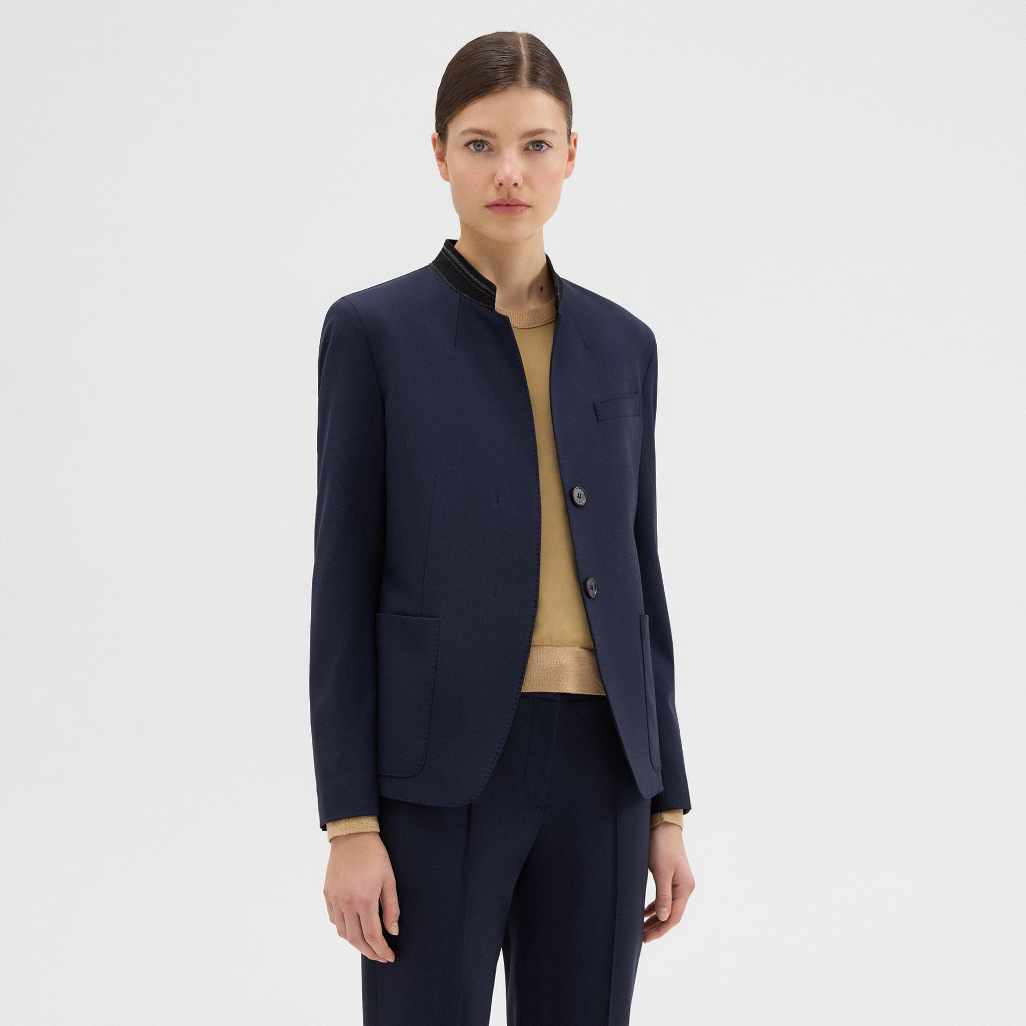 Blue Wool Gabardine Stand-Collar Blazer | Theory Project