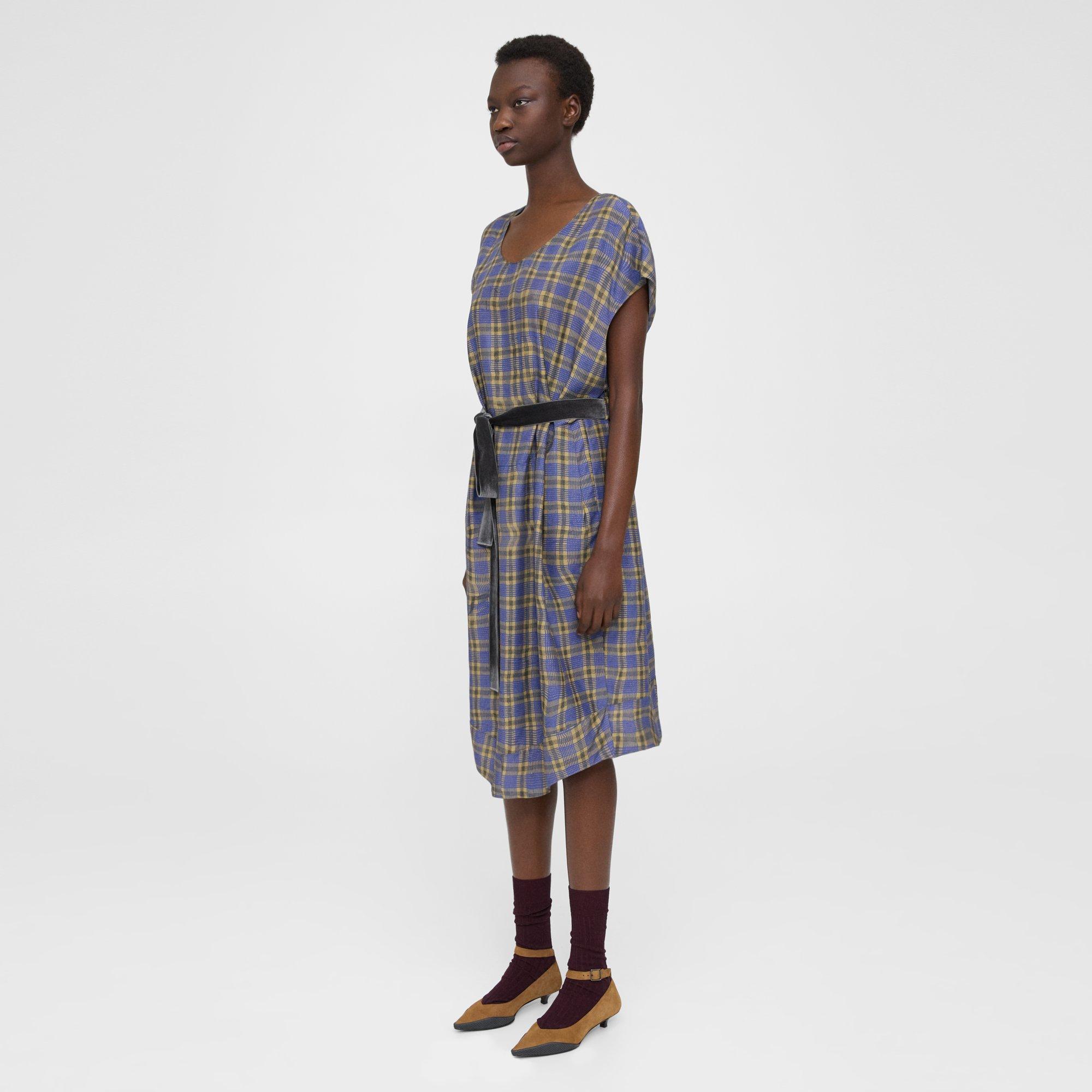 Belted Silk-Viscose Check Dress | Theory