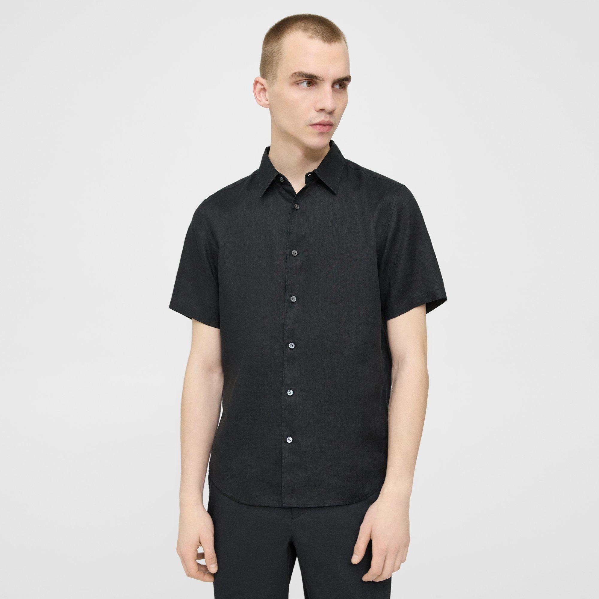 Black Linen Irving Short-Sleeve Shirt | Theory