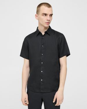 띠어리 Theory Irving Short-Sleeve Shirt in Relaxed Linen,BLACK