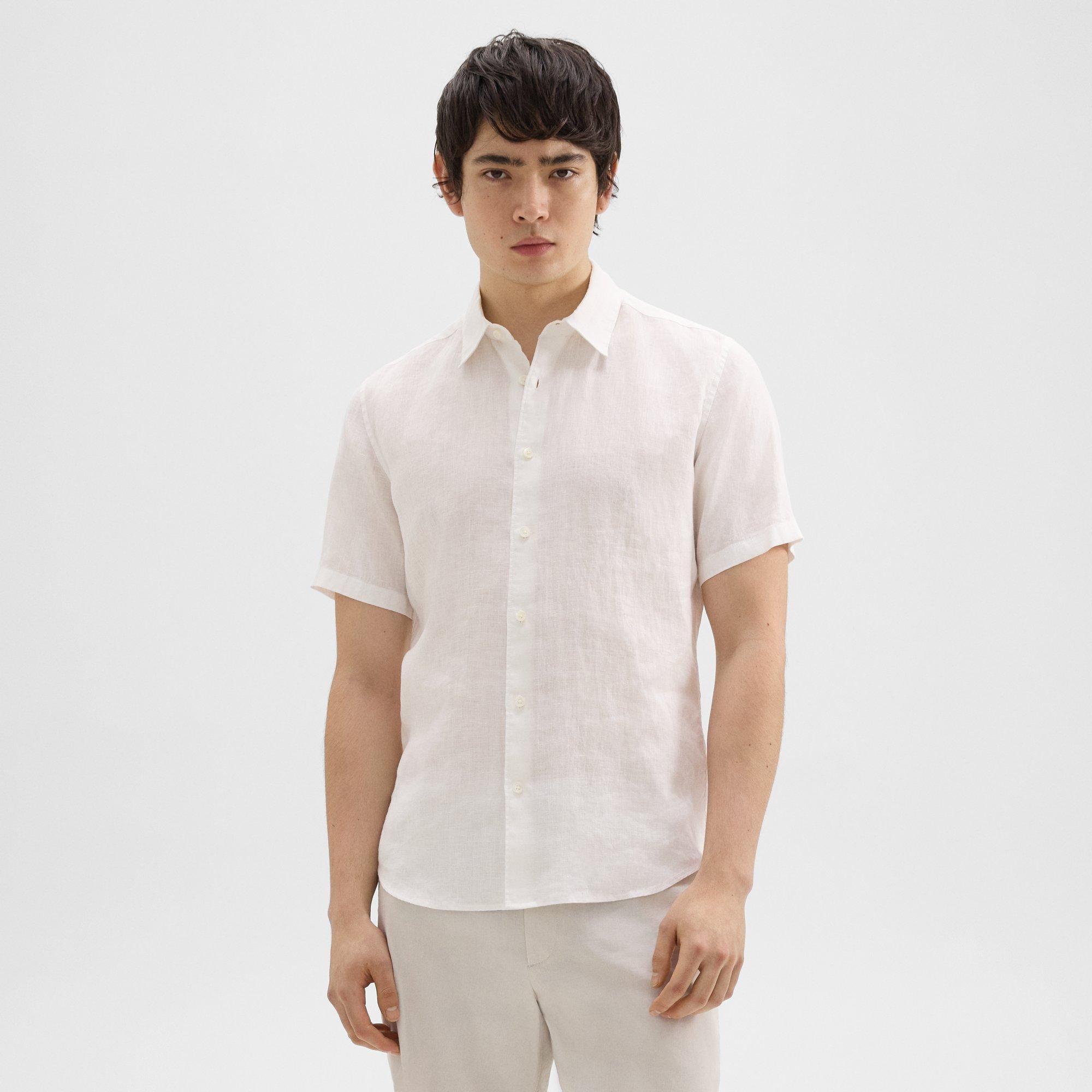 띠어리 Theory Irving Short-Sleeve Shirt in Relaxed Linen,WHITE