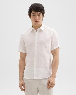 띠어리 Theory Irving Short-Sleeve Shirt in Relaxed Linen,WHITE