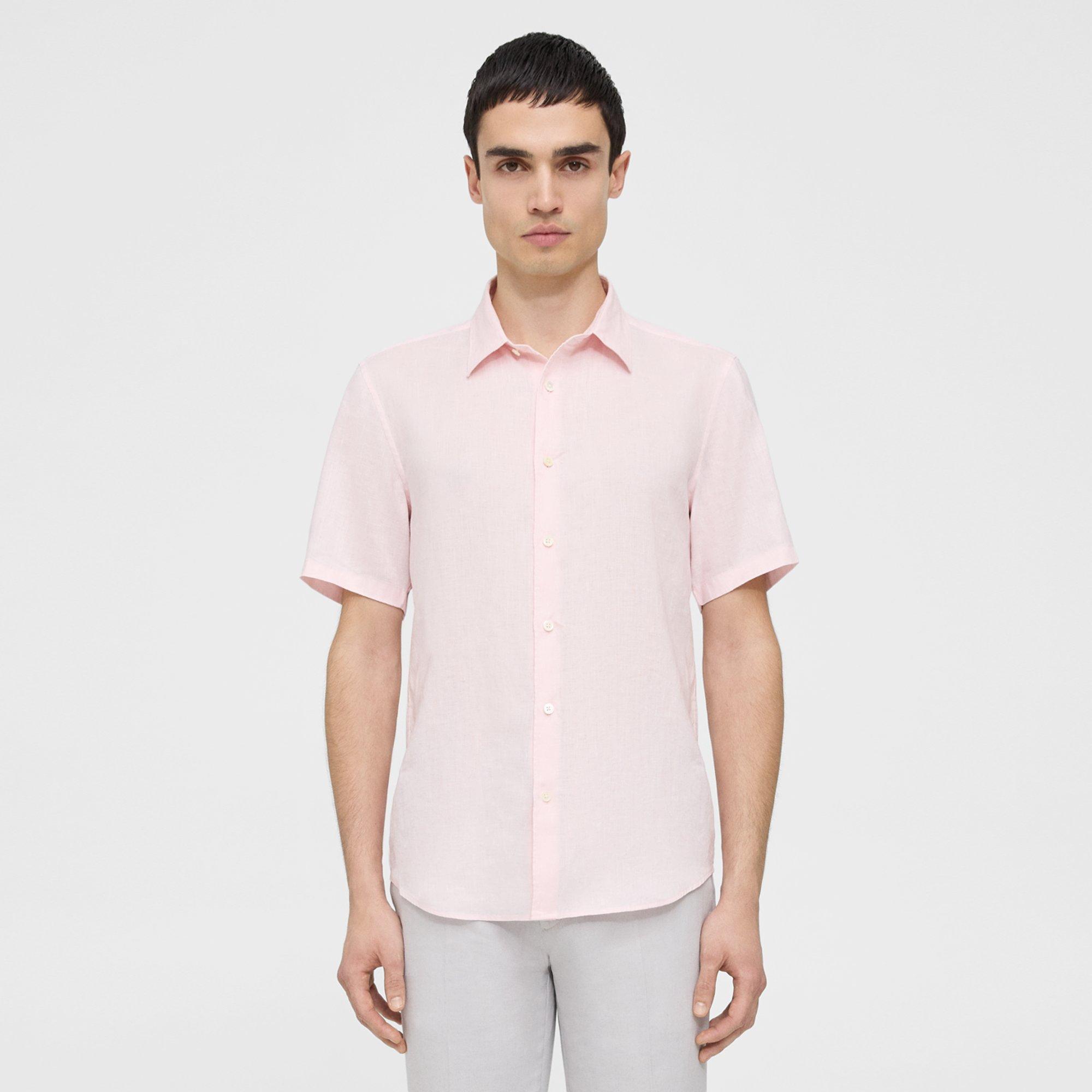 띠어리 Theory Irving Short-Sleeve Shirt in Relaxed Linen,CRADLE PINK