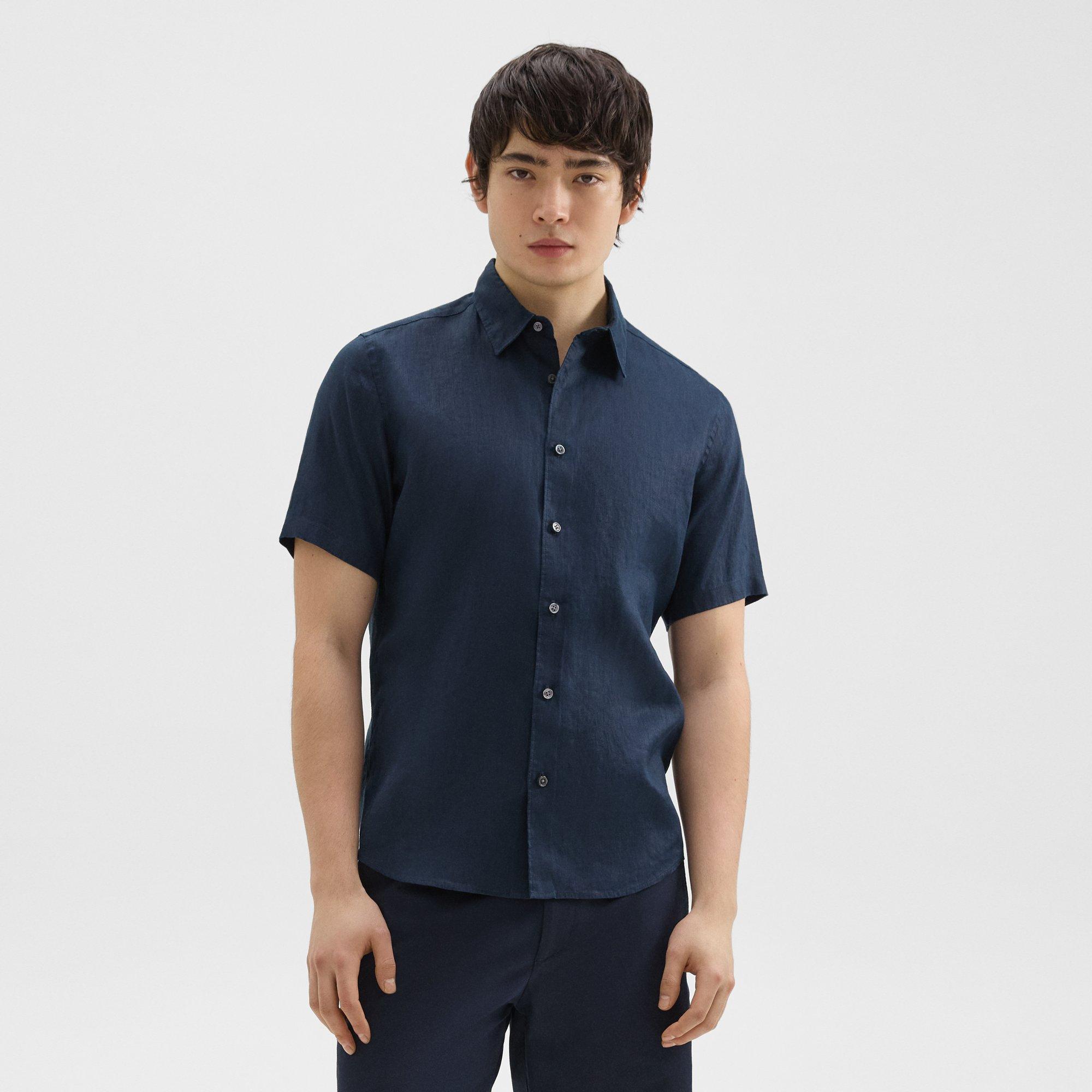 띠어리 Theory Irving Short-Sleeve Shirt in Relaxed Linen,BALTIC