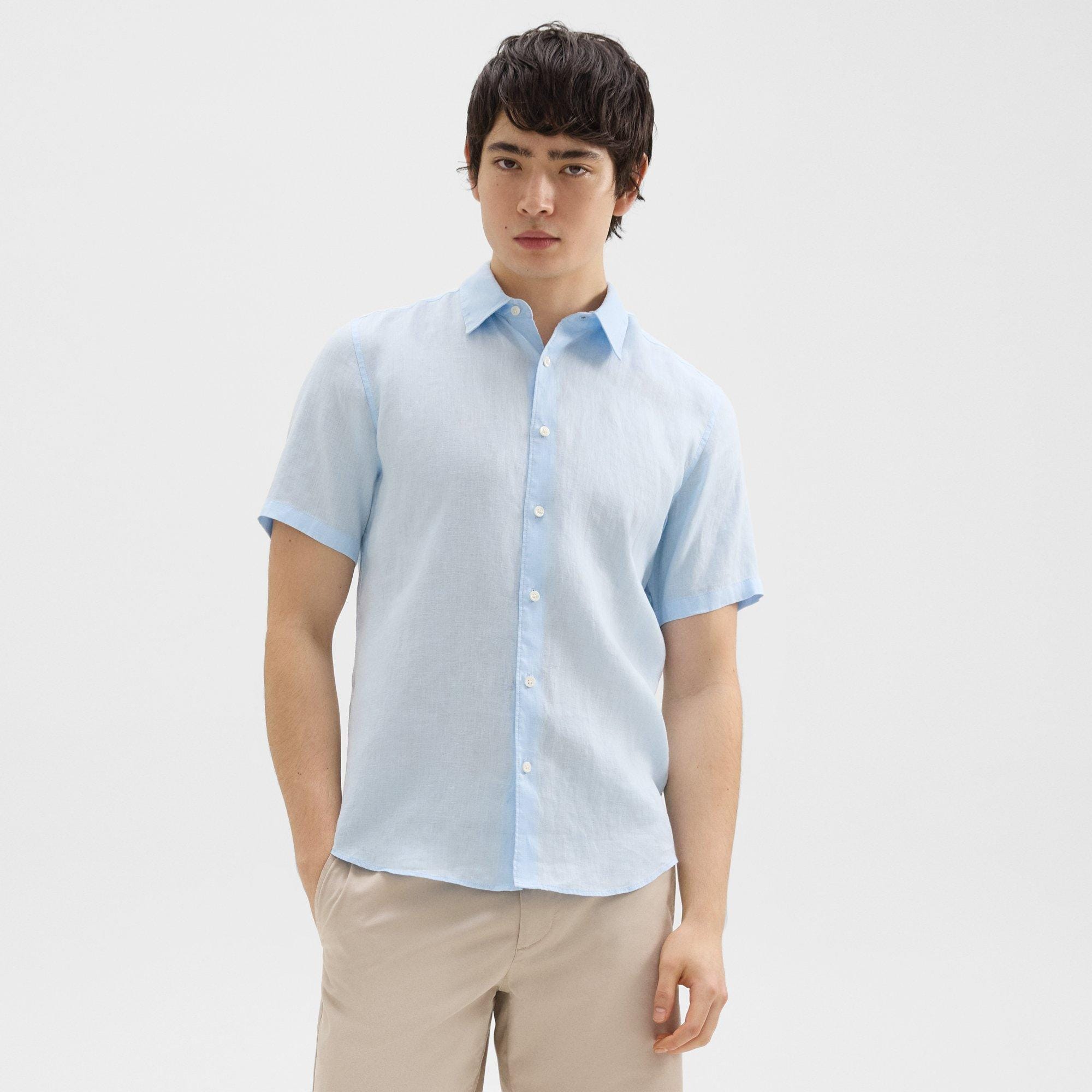 띠어리 Theory Irving Short-Sleeve Shirt in Relaxed Linen,SKYLIGHT