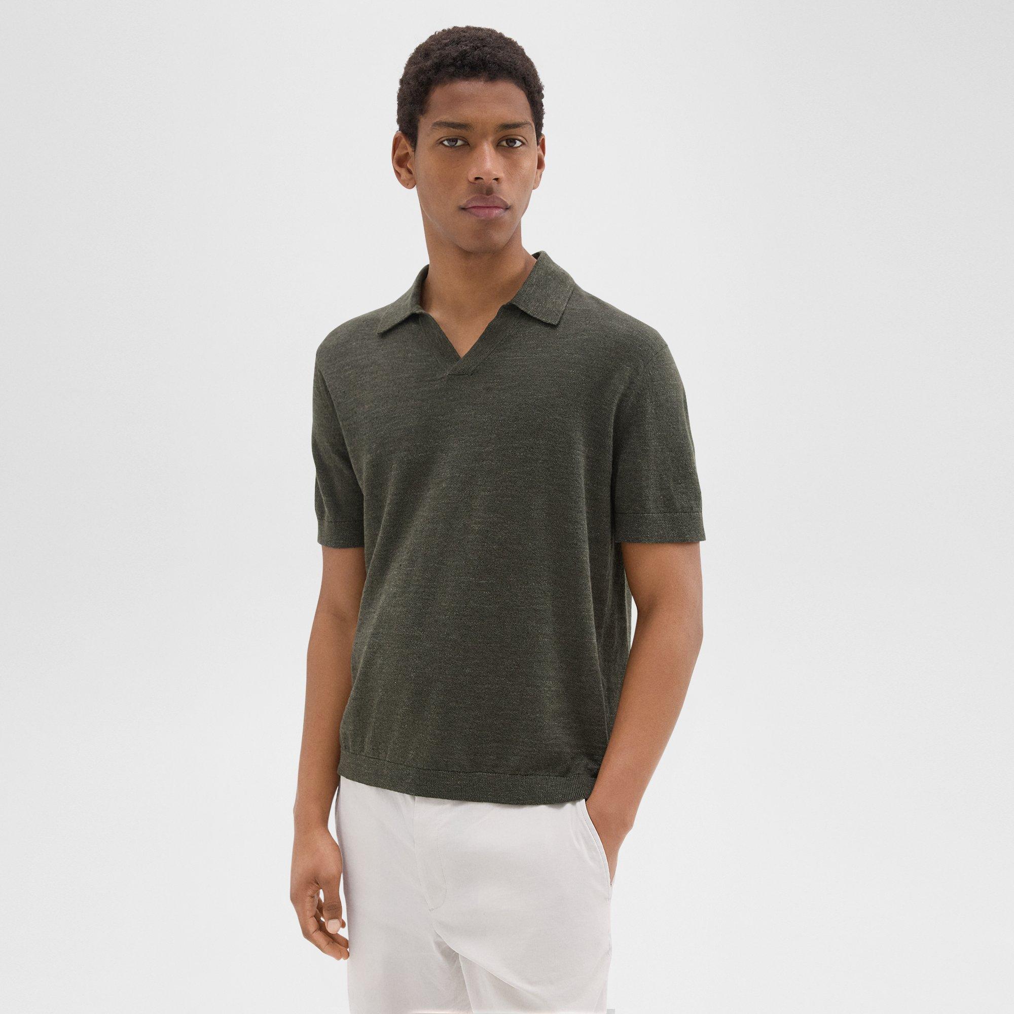 띠어리 Theory Brenan Polo Shirt in Cotton-Linen,DARK OLIVE