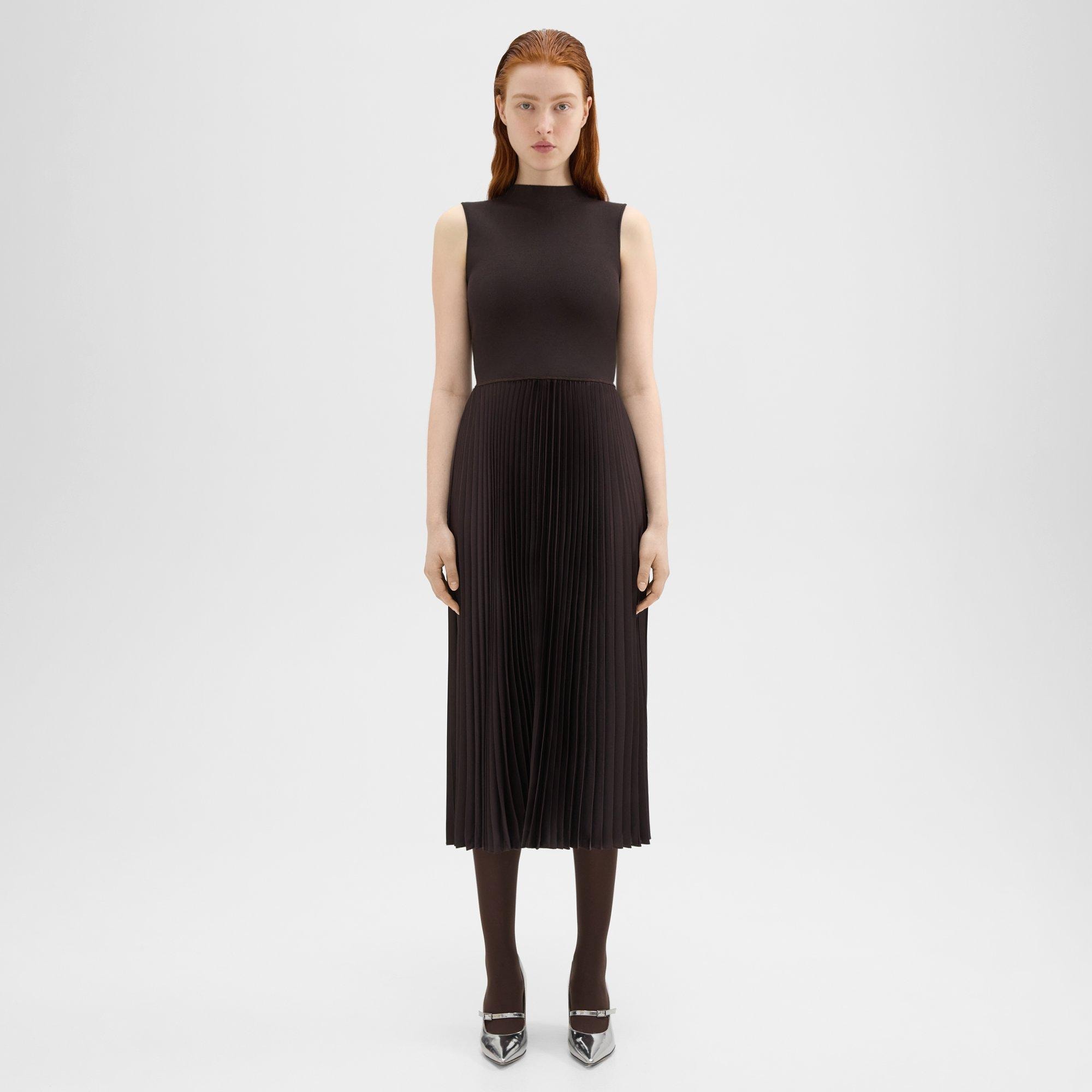 Theory Pleated Combo Dress in Textured Satin