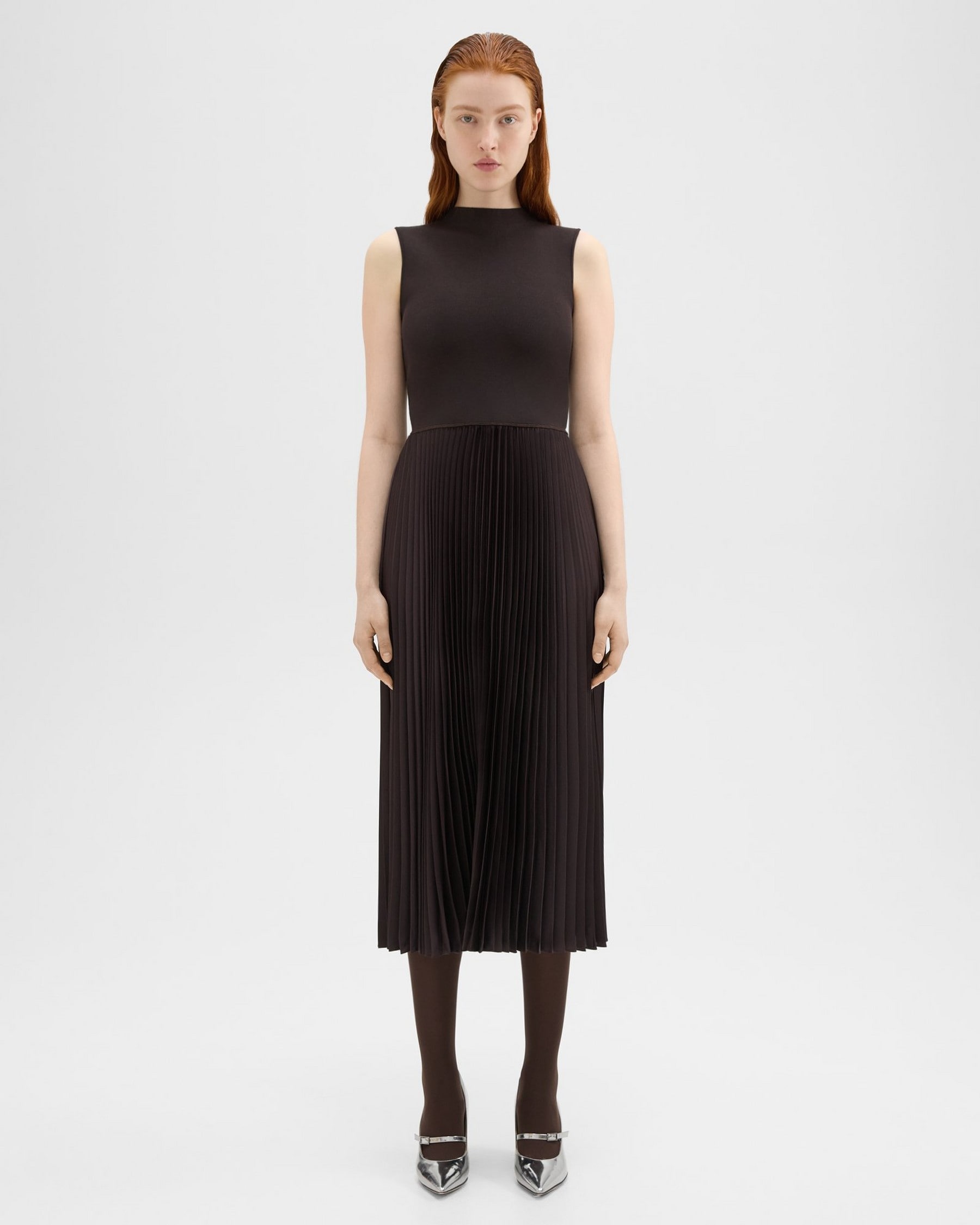 Theory Pleated Combo Dress in Textured Satin