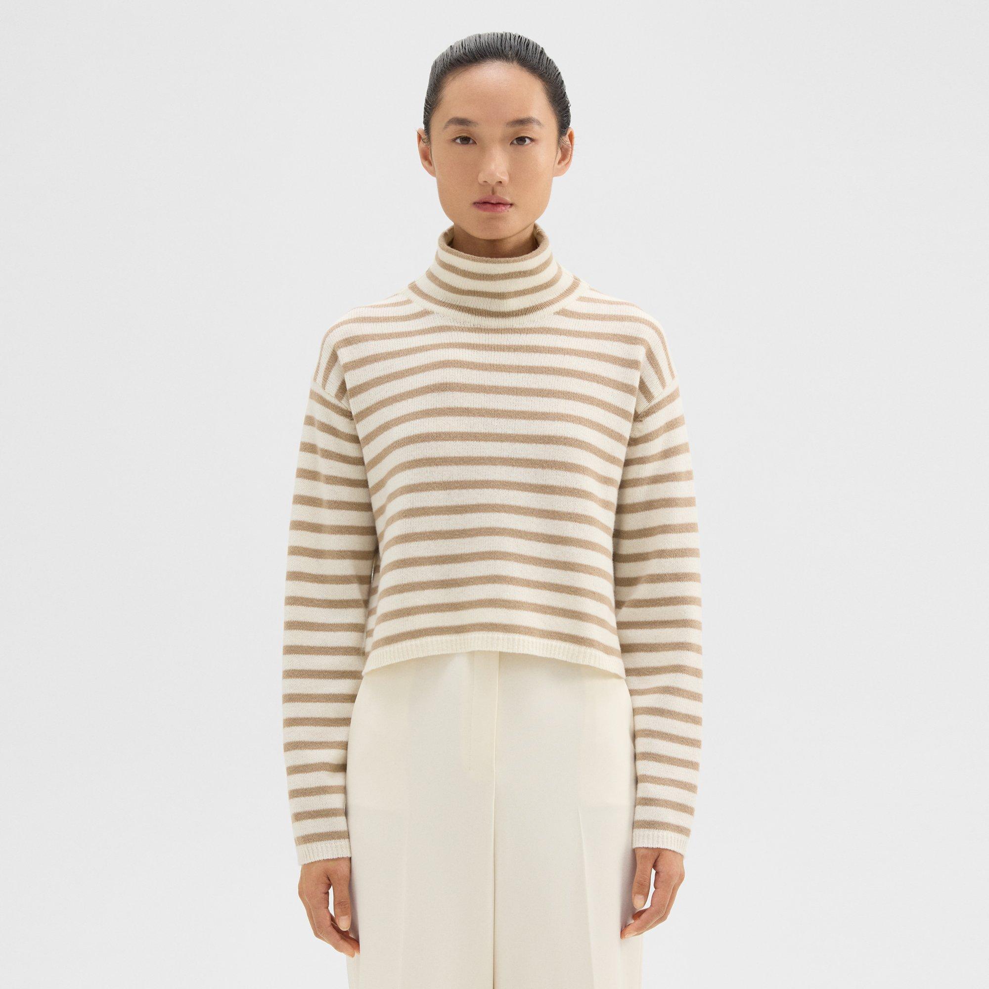 Theory Striped Crop Turtleneck in Felted Wool-Cashmere