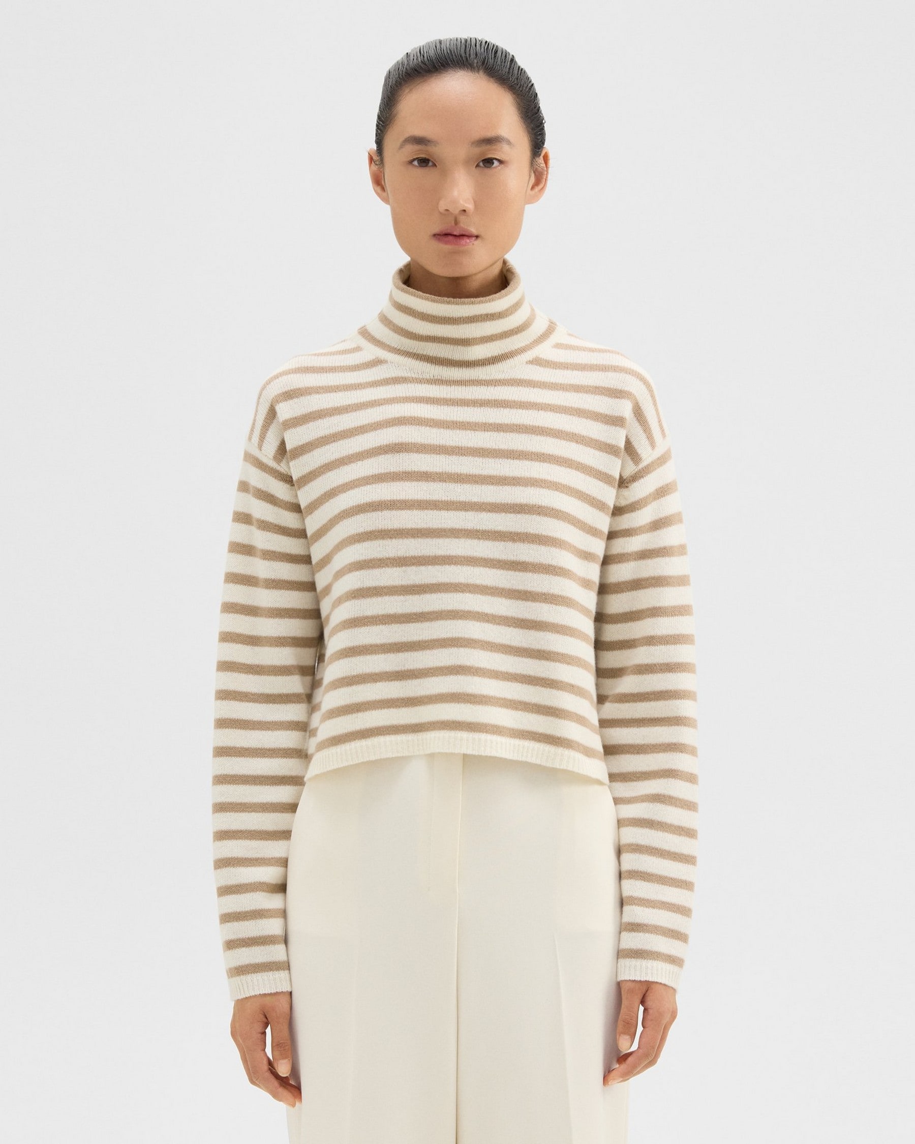 Theory Striped Crop Turtleneck in Felted Wool-Cashmere