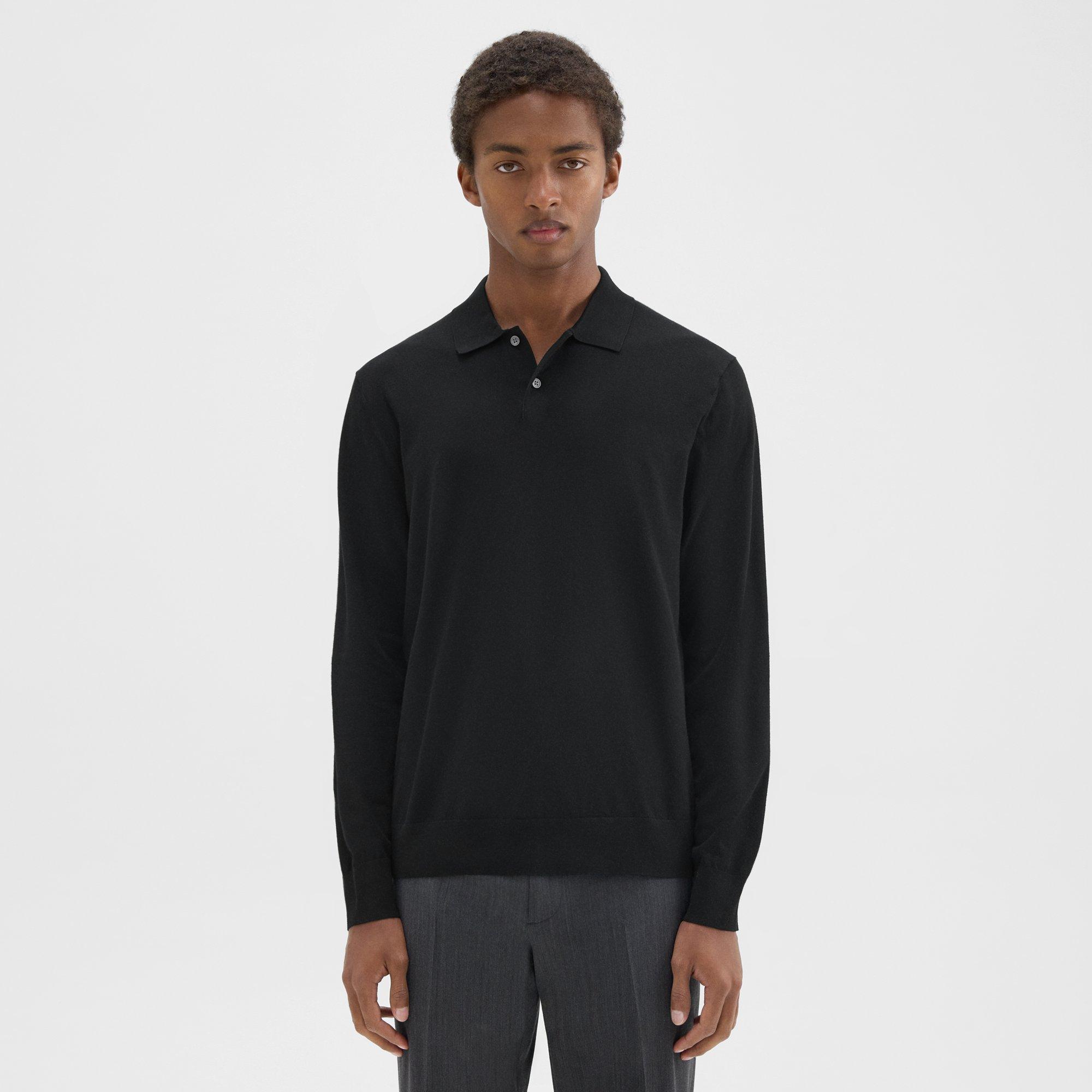 띠어리 Theory Goris Long-Sleeve Polo Shirt in Fine Bilen,BLACK