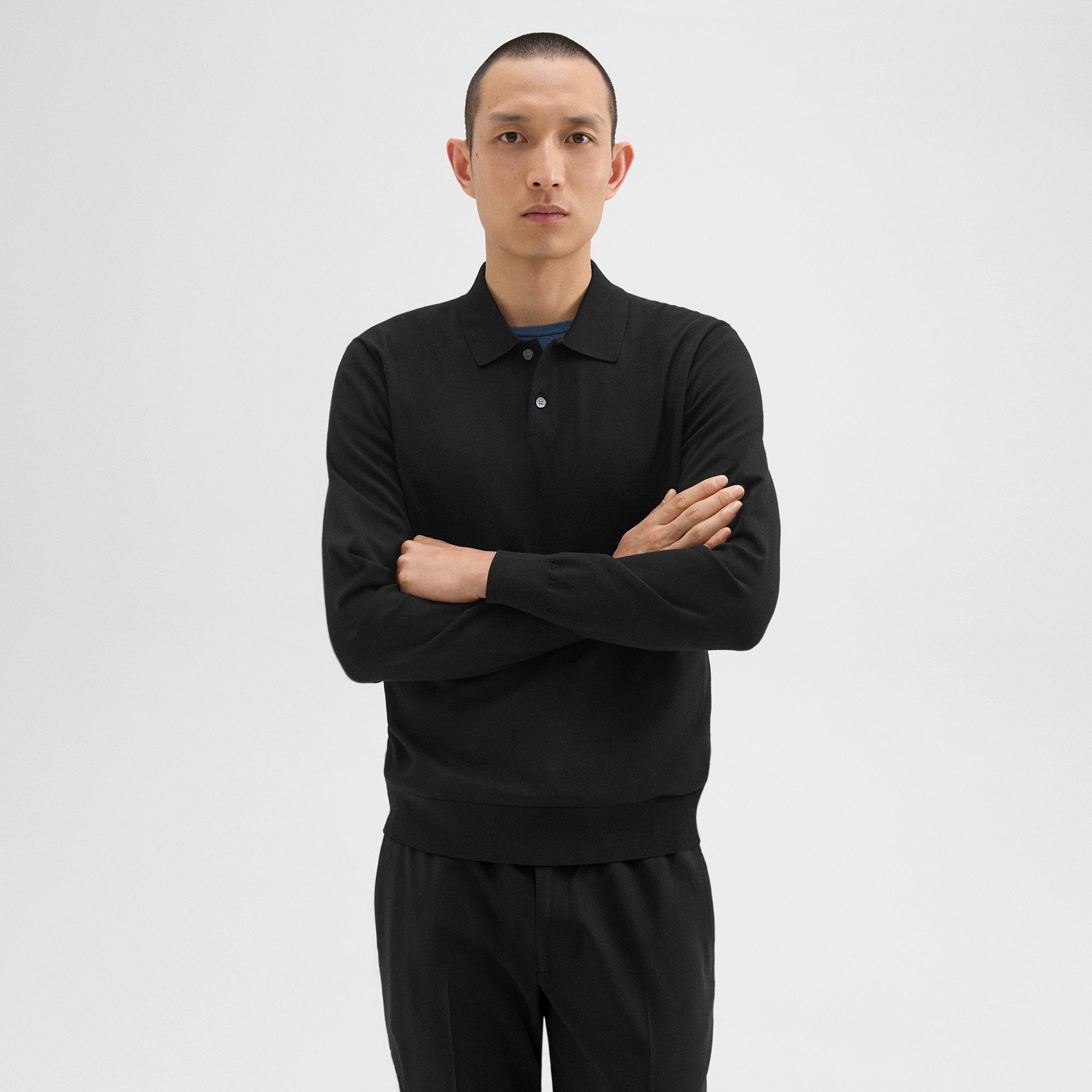 띠어리 Theory Goris Long-Sleeve Polo Shirt in Fine Bilen,BLACK