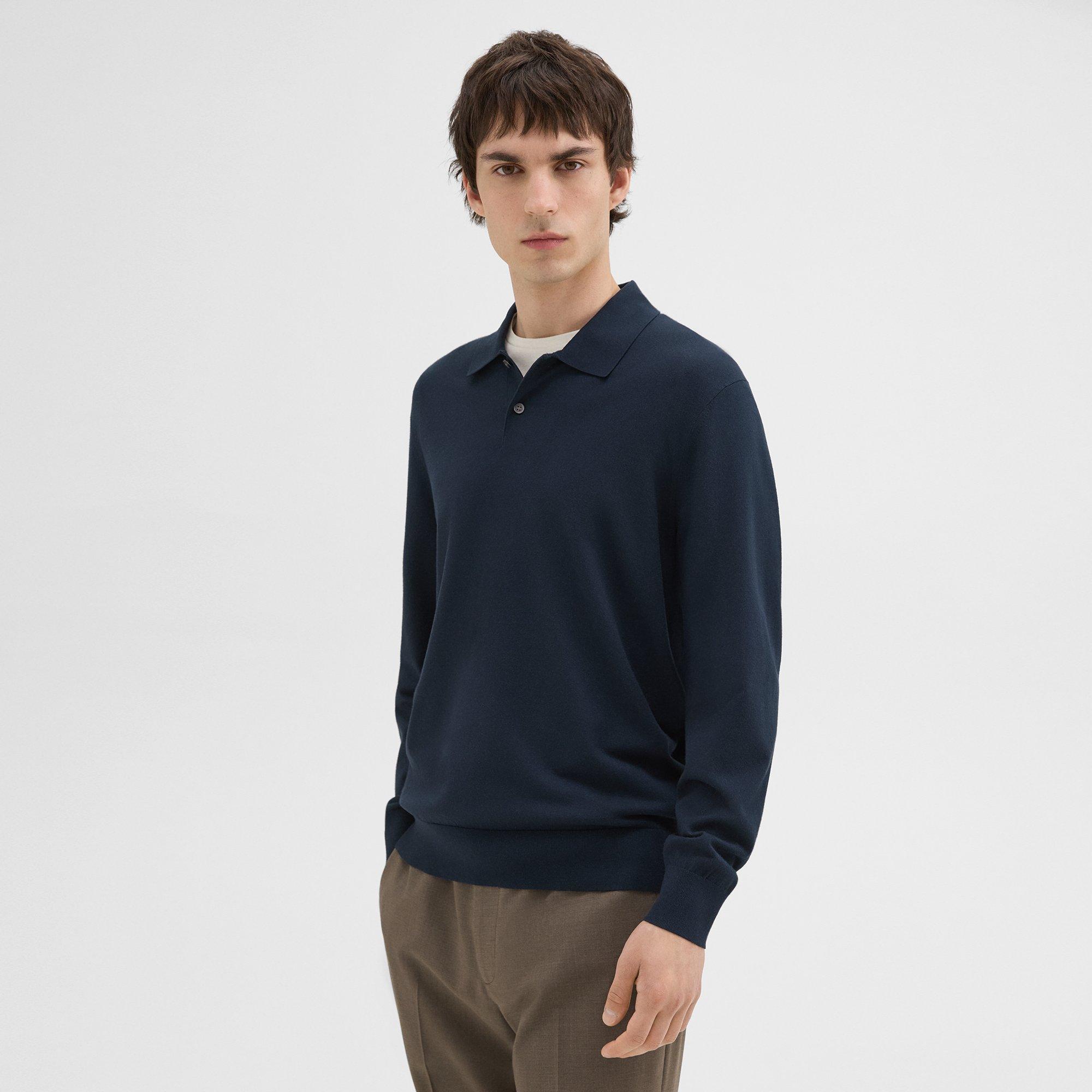 띠어리 Theory Goris Long-Sleeve Polo Shirt in Fine Bilen,BALTIC